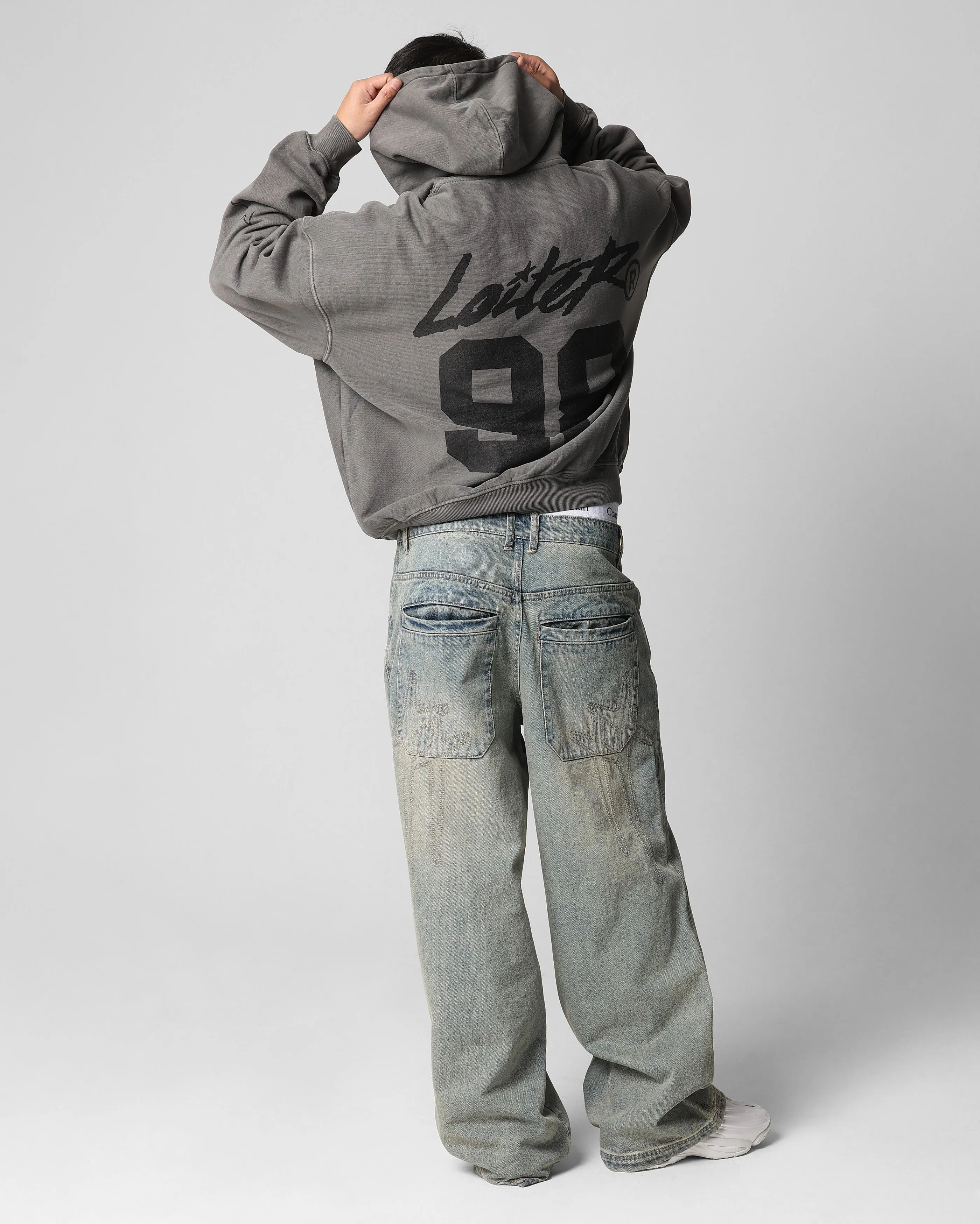 Zip Off Detailing Loiter Training Day Hoodie Washed Charcoal