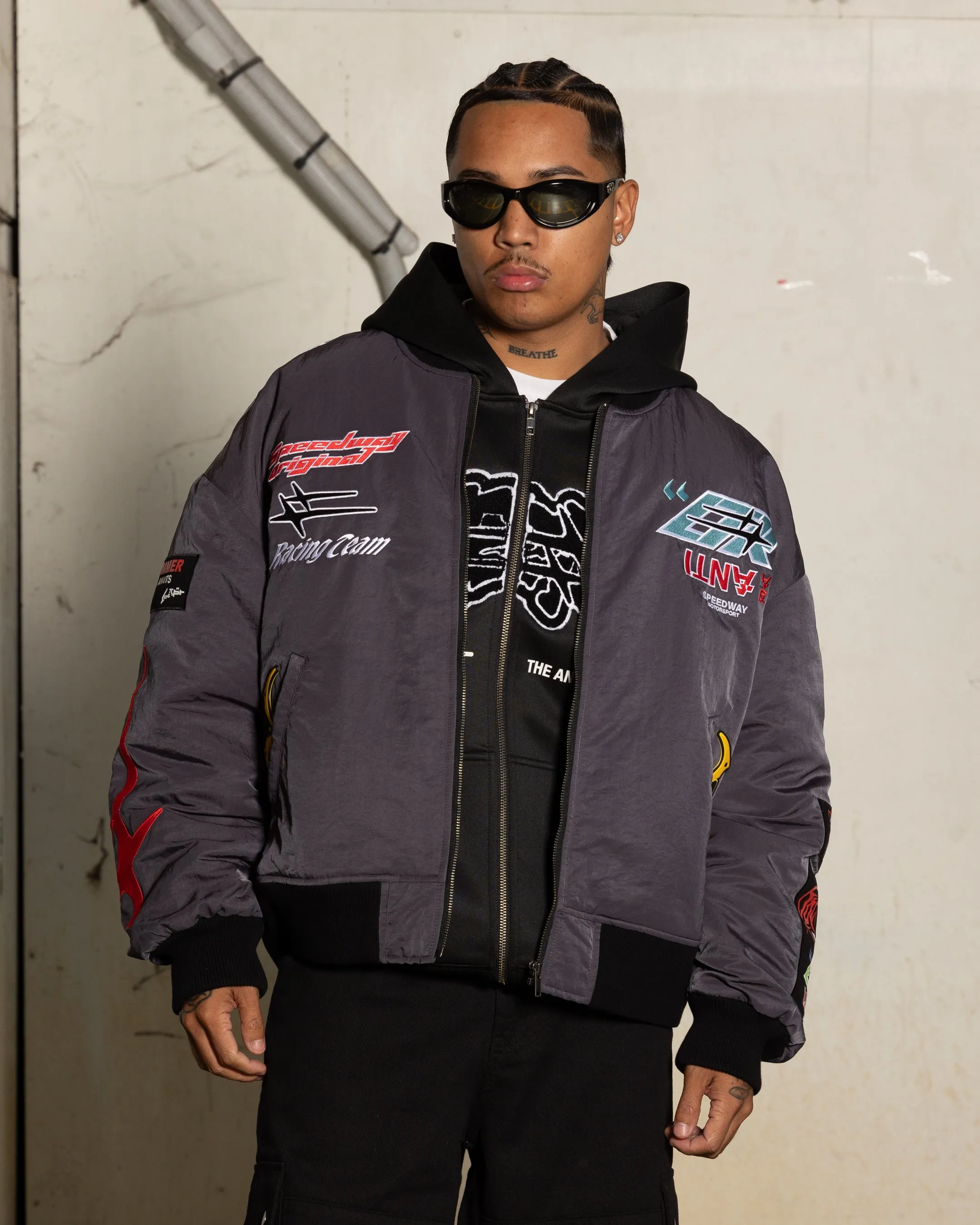 Loiter X The Anti Order Racer Bomber Jacket Charcoal festival - goers