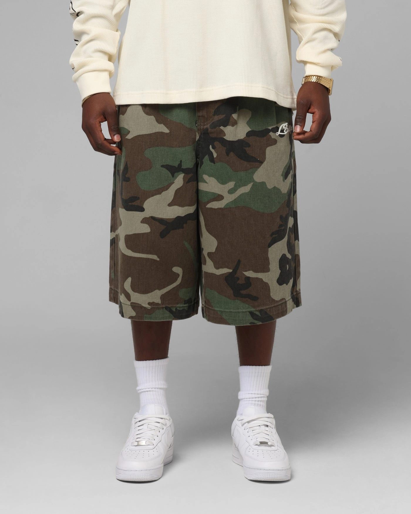 Loiter 3 Quarter Shorts Woodland Camo FadeResistantTreatment