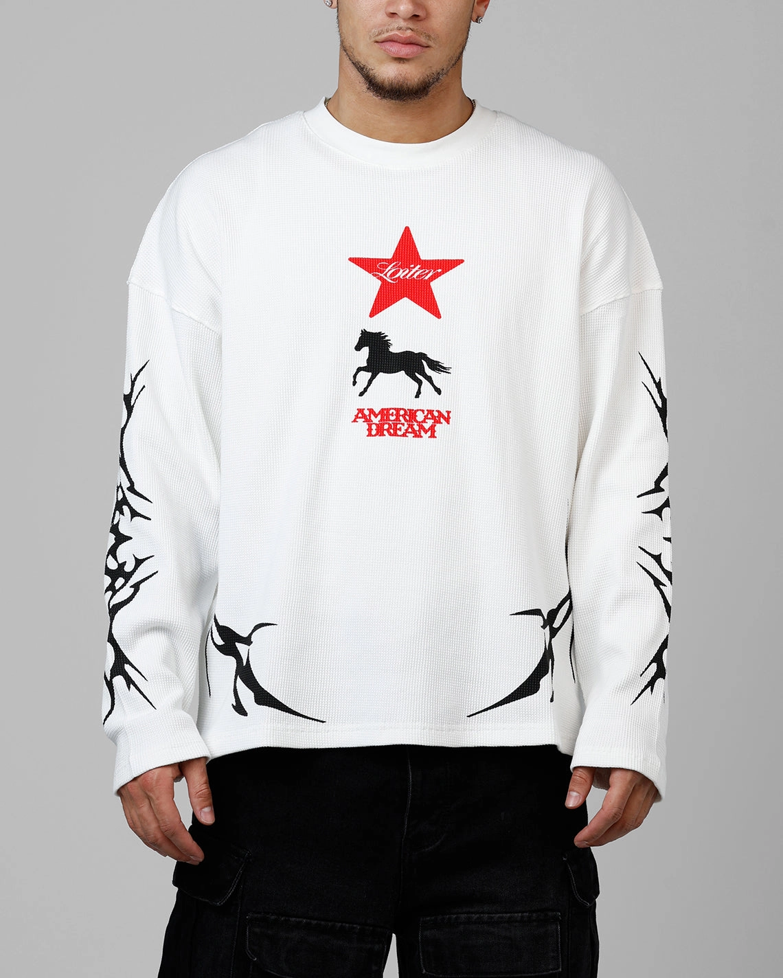 Everyday Comfort Style Loiter American Dream Waffle Knit Long Sleeve T-Shirt White