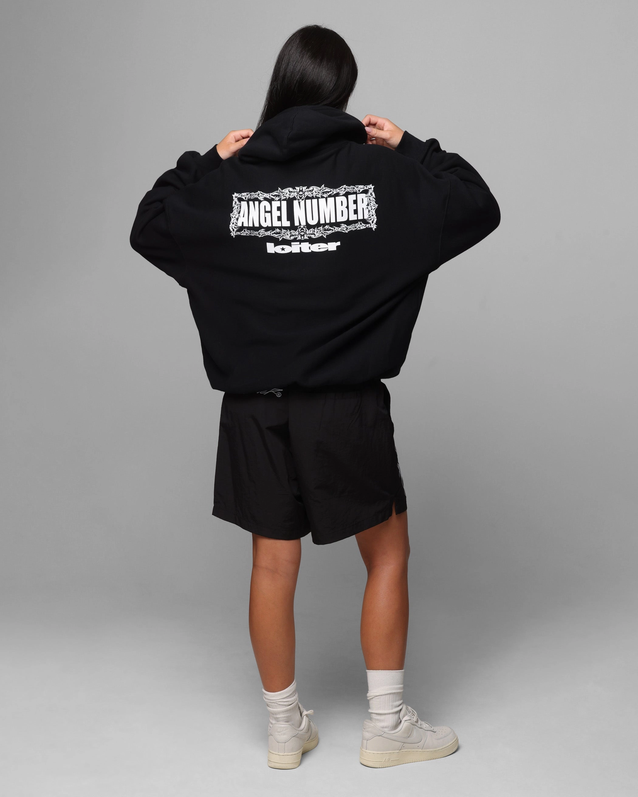 Artistic Detail Mesh Lined Hood Loiter Angel Number Hoodie Black