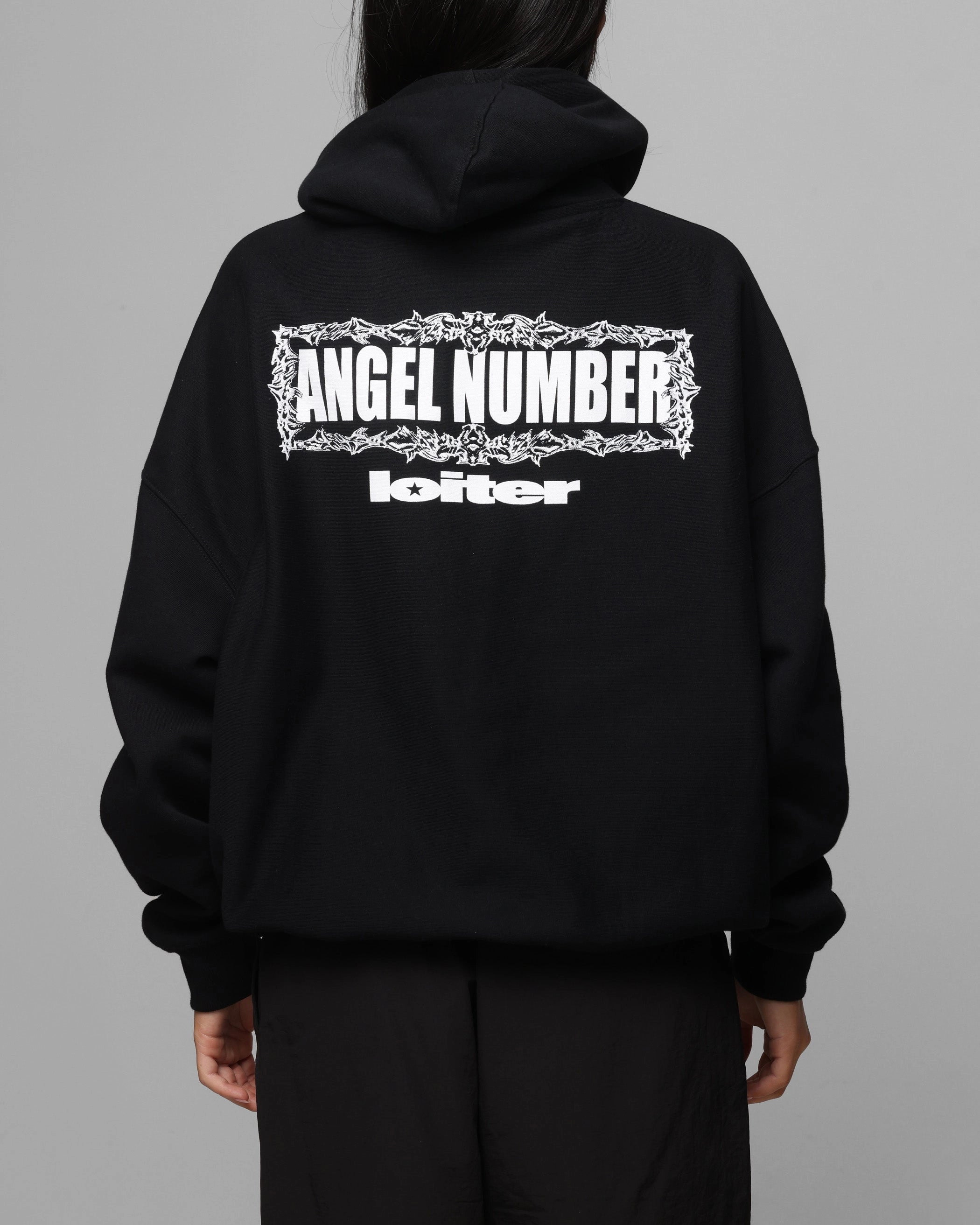 spring holiday Loiter Angel Number Hoodie Black