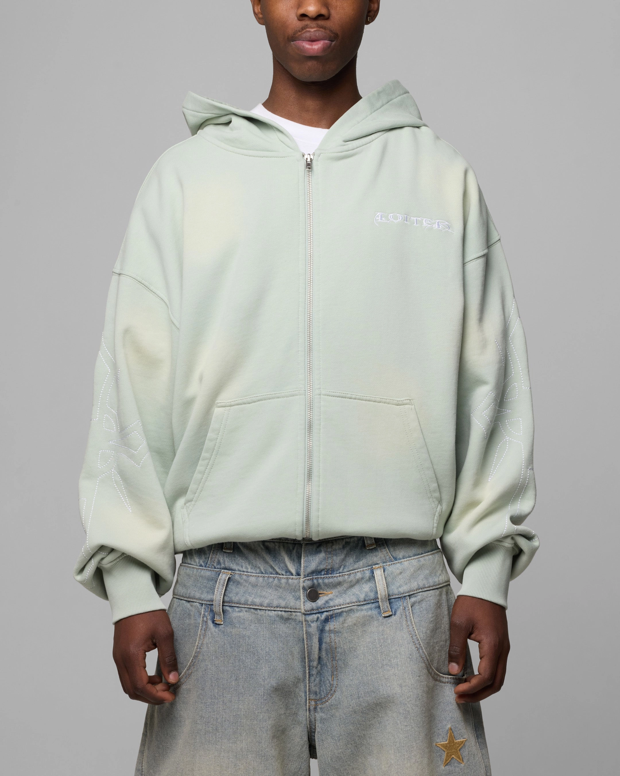 suitable for cultural festivals Abrasion Resistant Material Loiter Atmosphere Full Zip Hoodie Washed Green