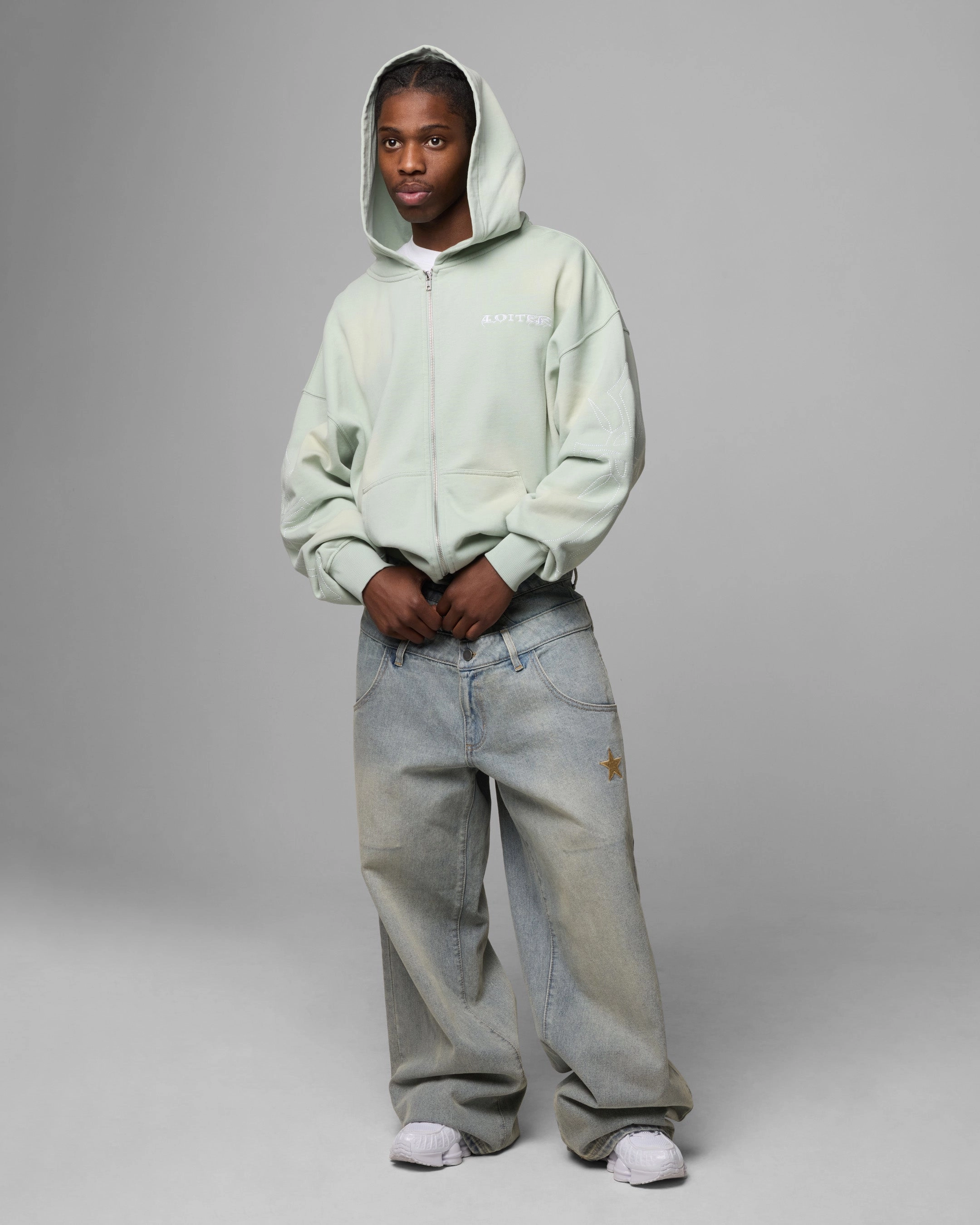 Loiter Atmosphere Full Zip Hoodie Washed Green belt Universal Size Adaptation