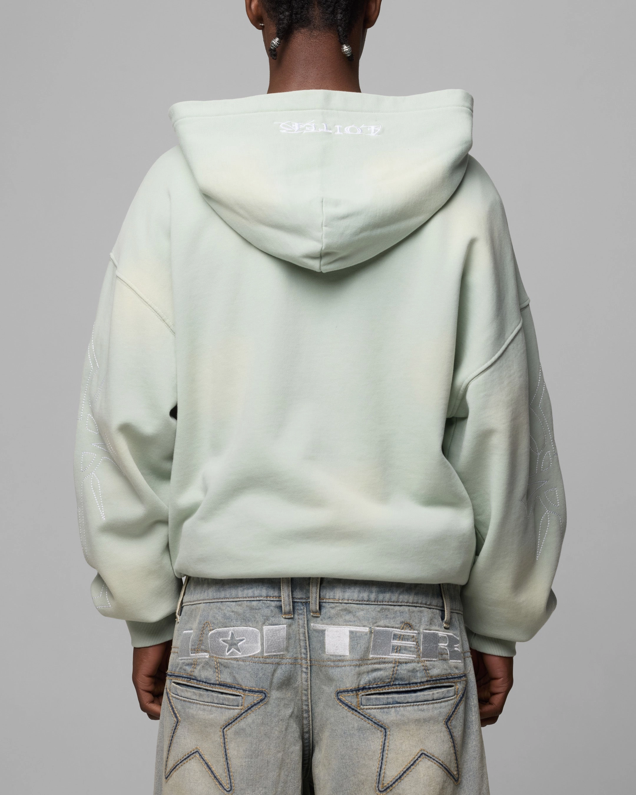 Loiter Atmosphere Full Zip Hoodie Washed Green Secure Storage