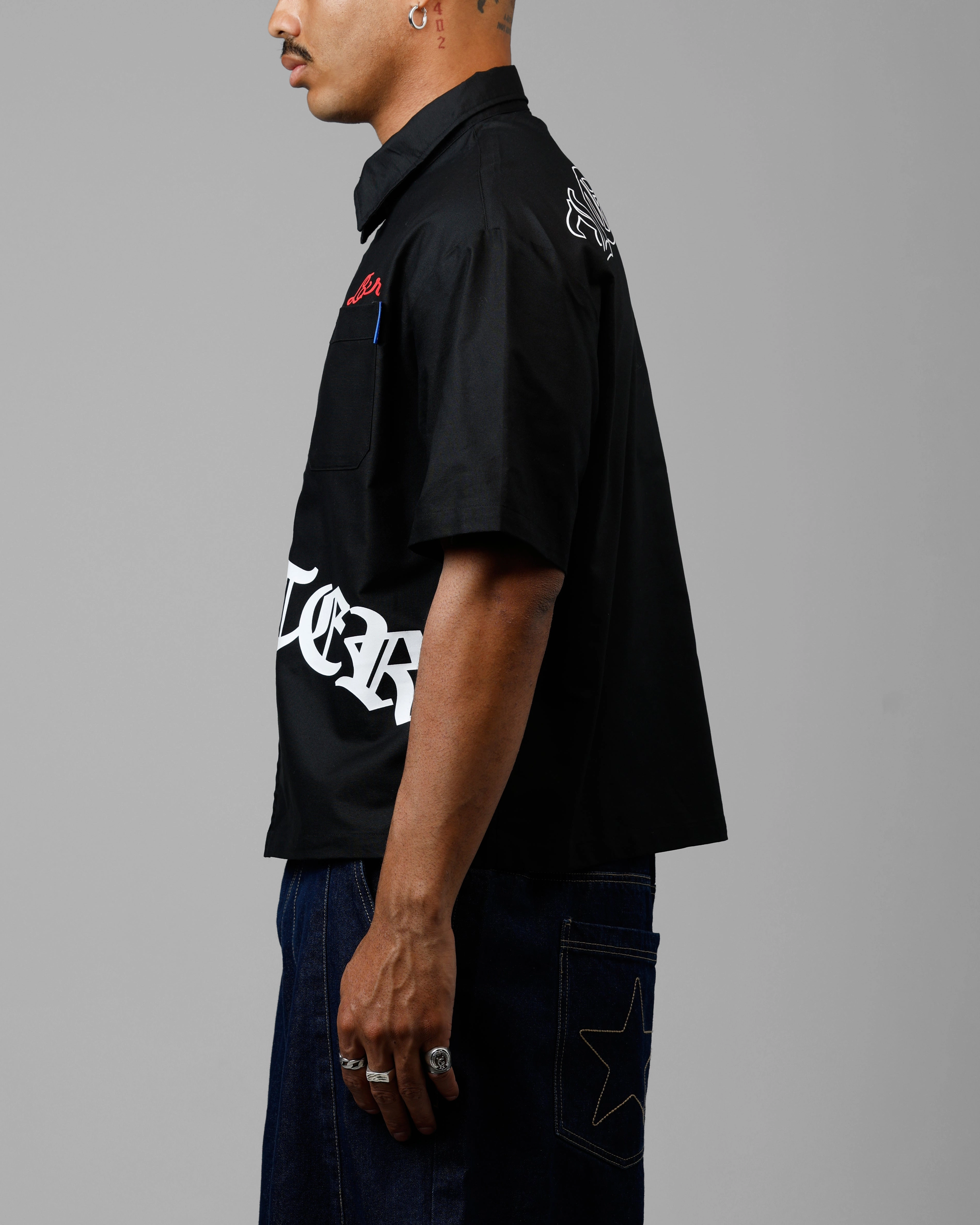 Loiter Chopper Work Shirt Black Fitted Silhouette Embroidered Logo