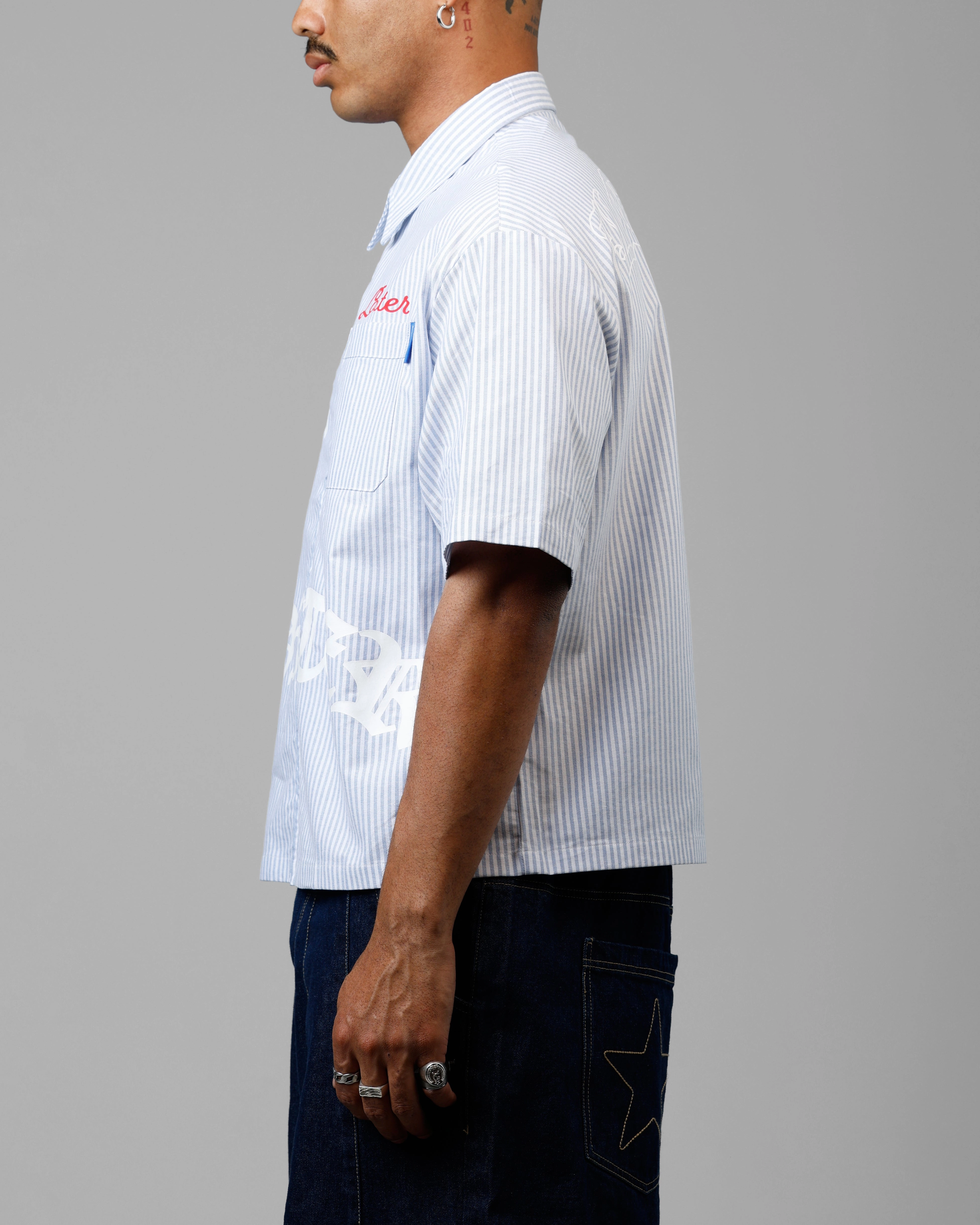 Loiter Chopper Work Shirt Blue/White Cuffed hem