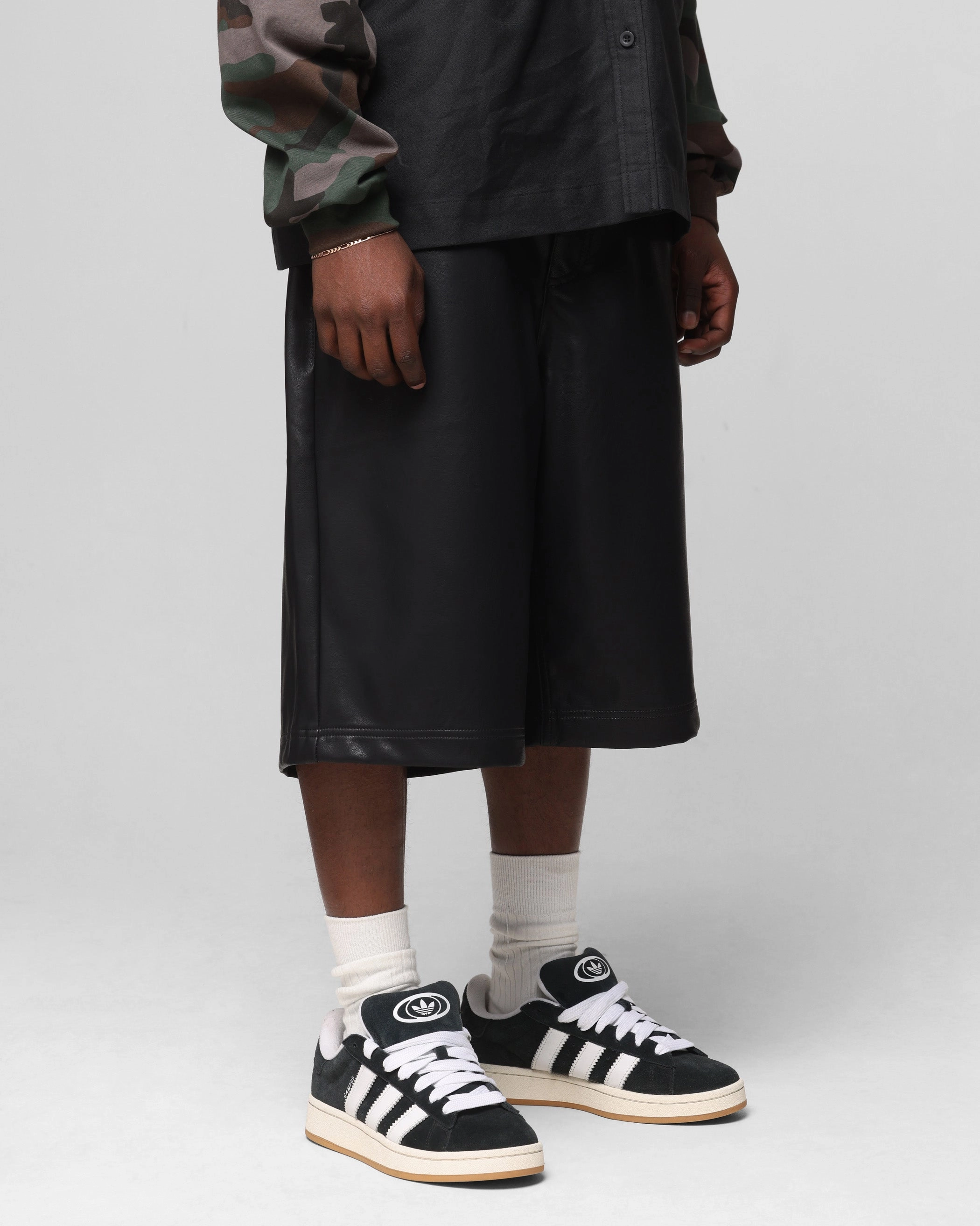 Loiter Collateral PU Leather Jorts Black Urban Fit Double Layered Hem