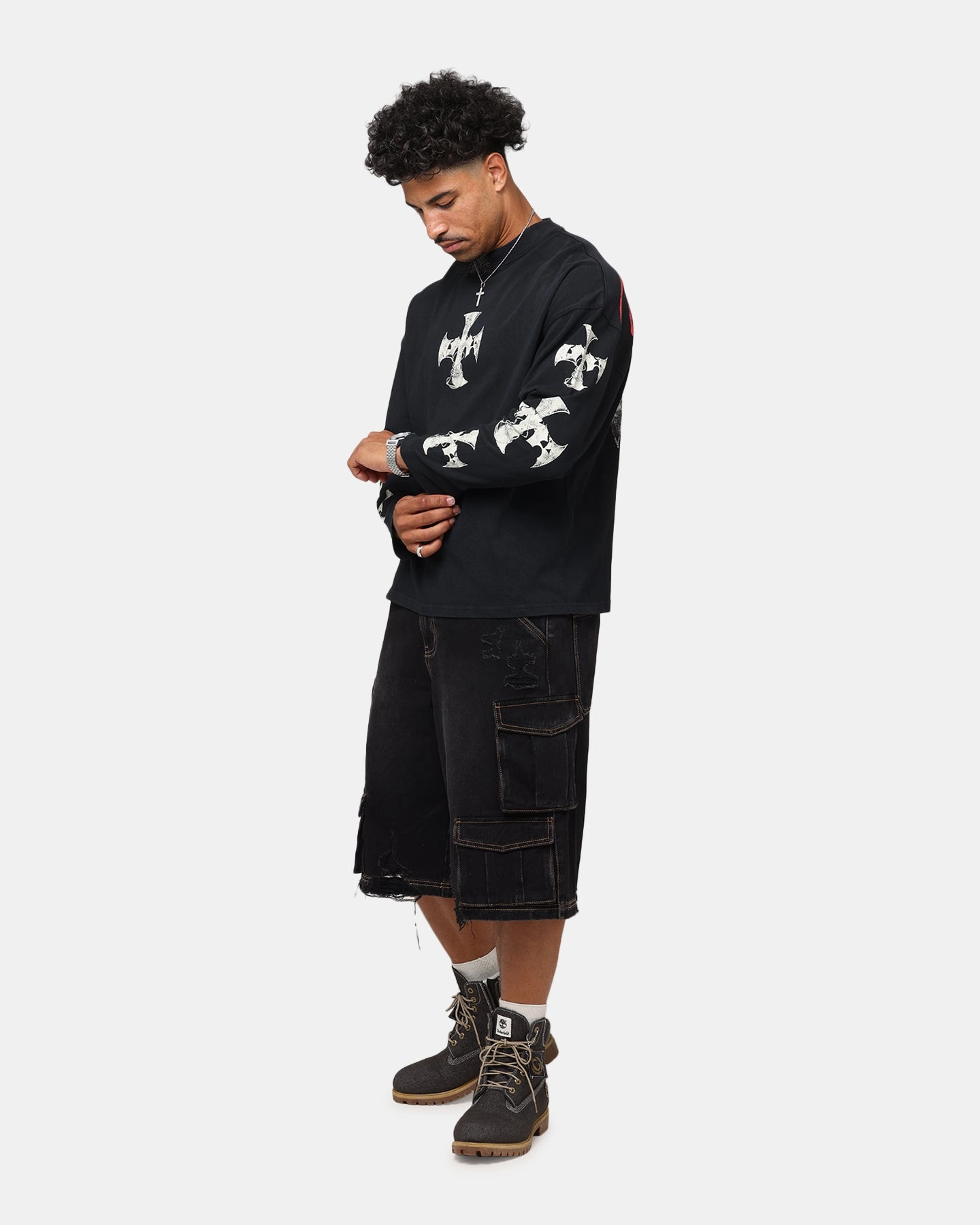 Loiter Cross Long Sleeve T-Shirt Black Acidwash Modern Layering