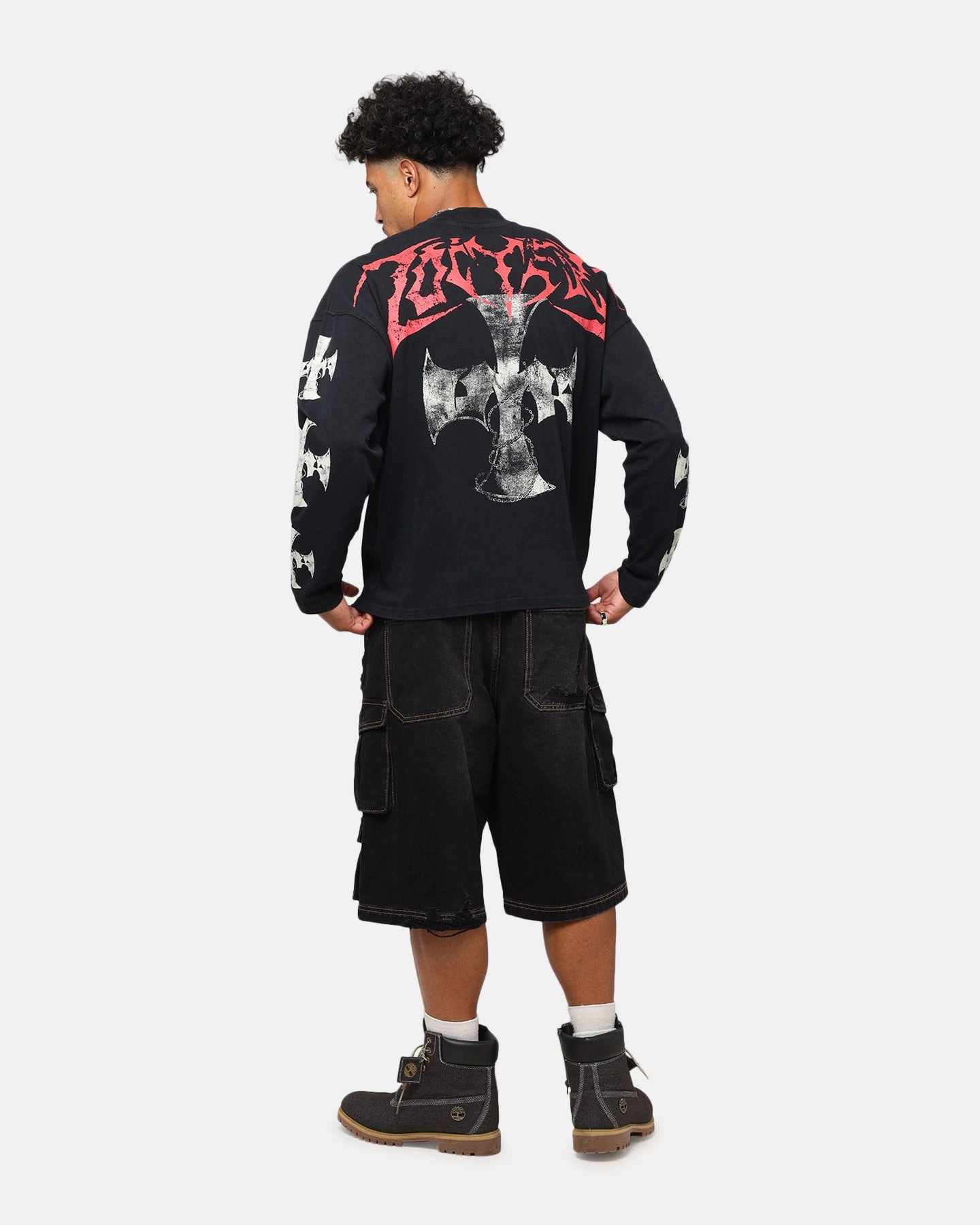 Loiter Cross Long Sleeve T-Shirt Black Acidwash Zero Waste Production