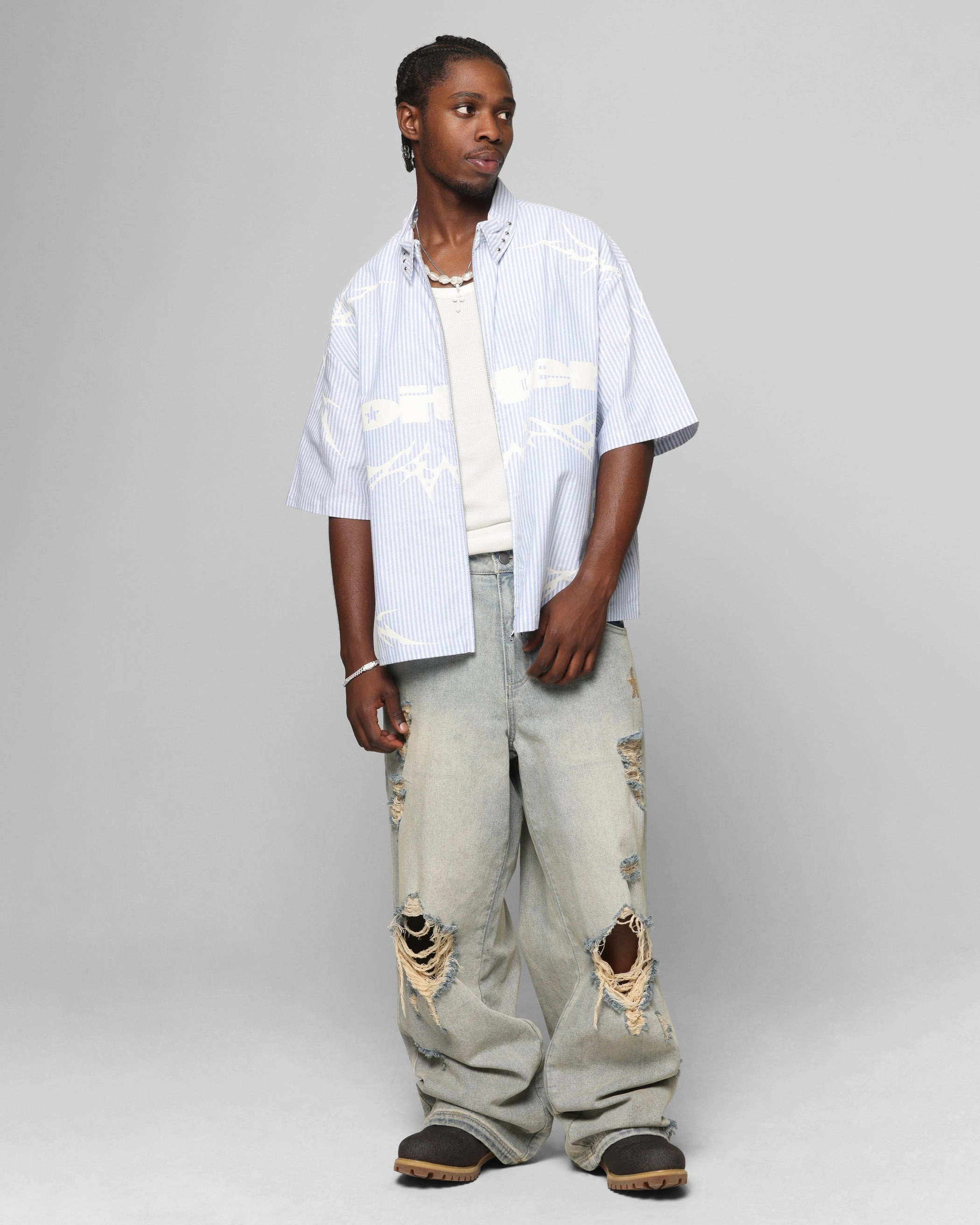 Comfortable Wear Loiter Cyber Zip Up Short Sleeve Shirt Blue Pin Stripe