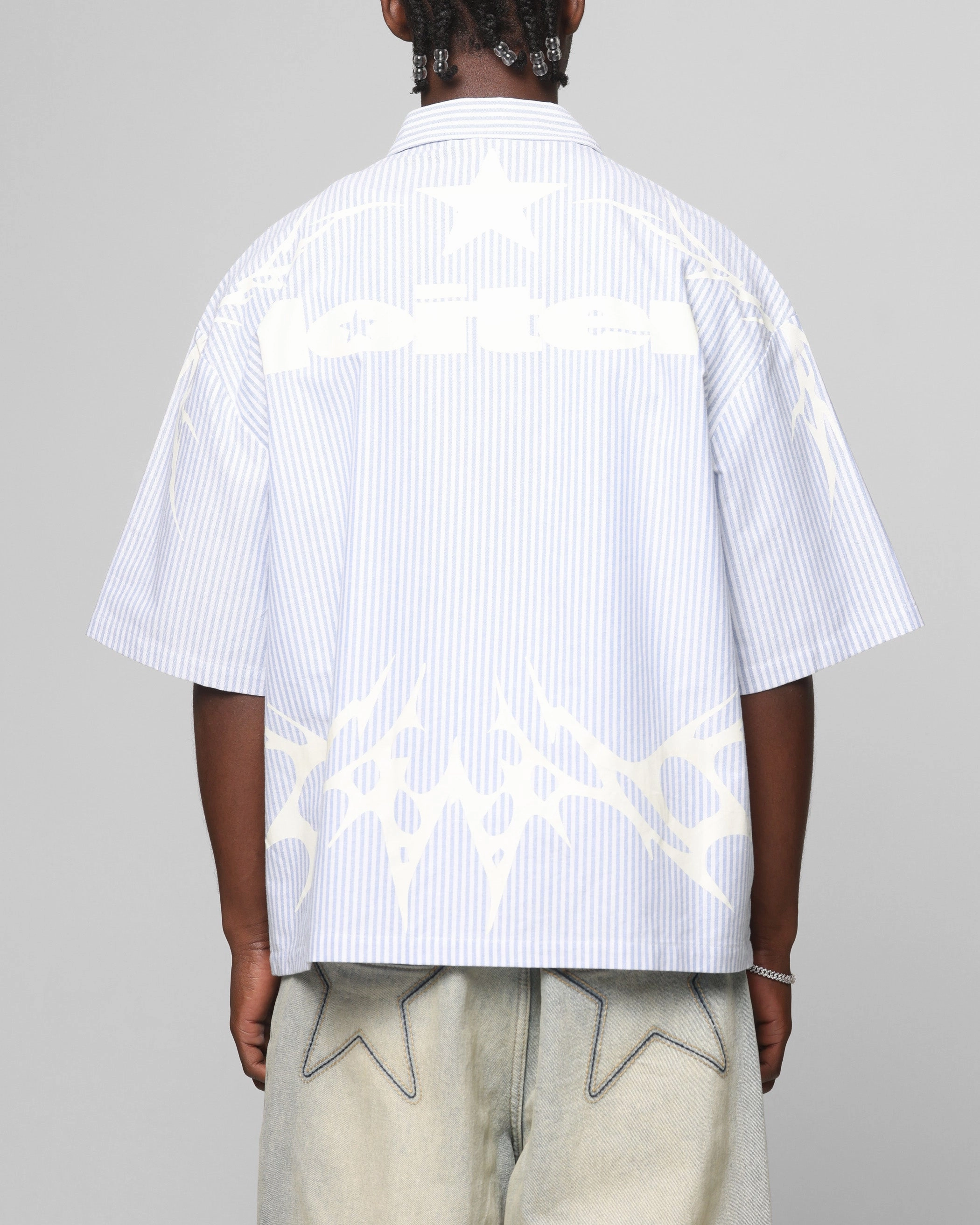 Gender Neutral Loiter Cyber Zip Up Short Sleeve Shirt Blue Pin Stripe