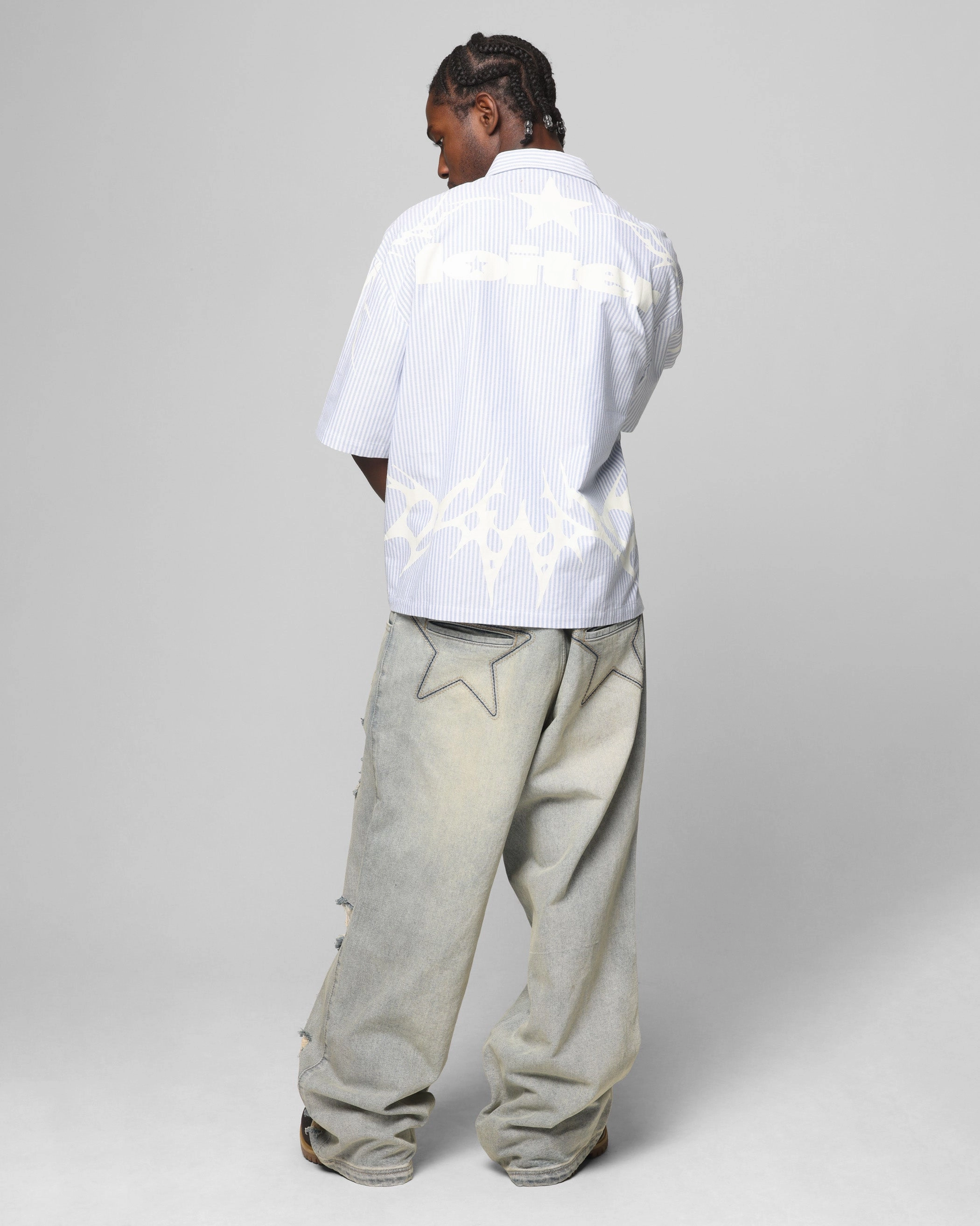 Anti Static Finish Loiter Cyber Zip Up Short Sleeve Shirt Blue Pin Stripe