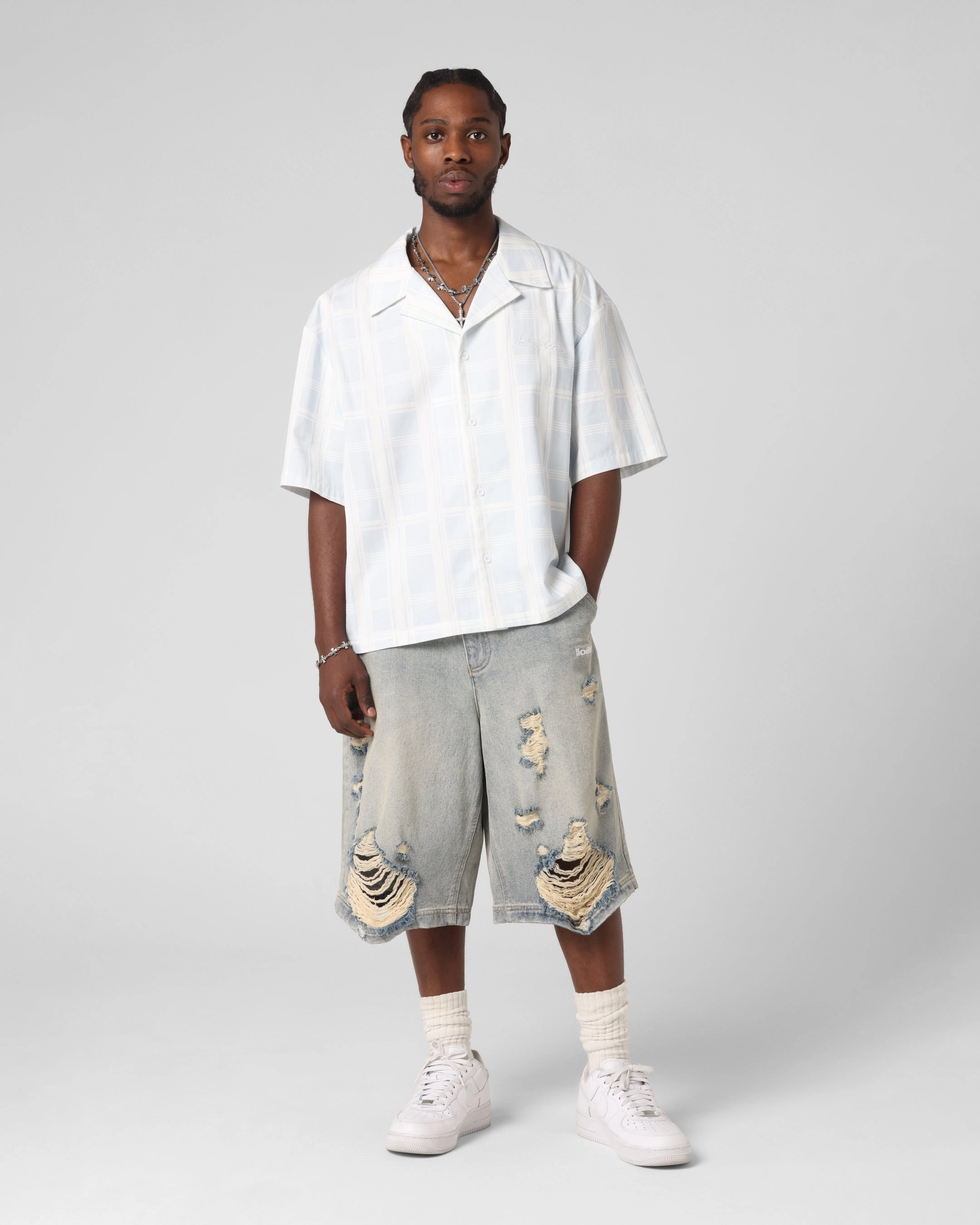 Loiter Daytona Button Up Shirt Blue Check Tailored Style Night Out