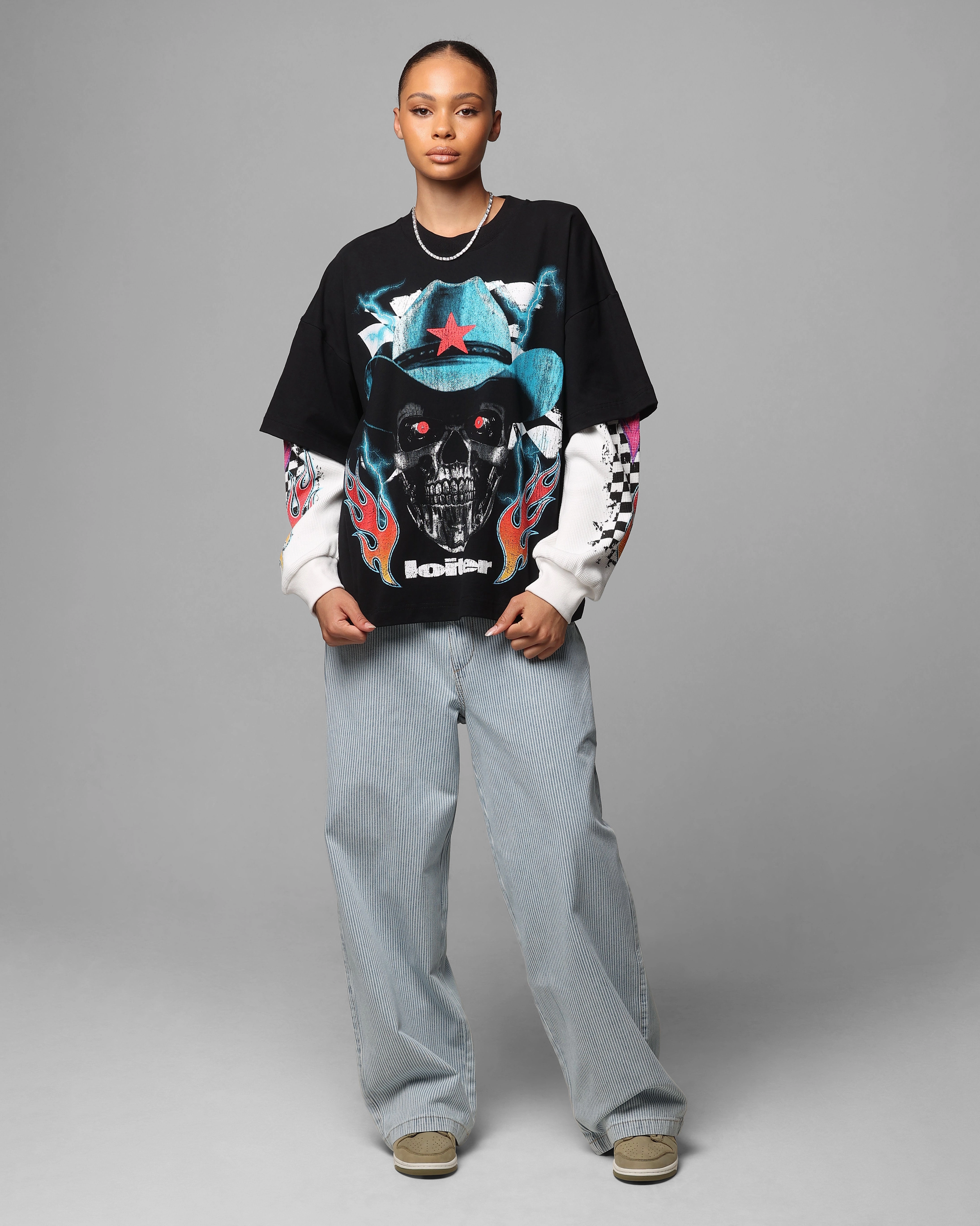 Comfort Apparel Loiter Daytona Layered Long Sleeve T-Shirt Black/White