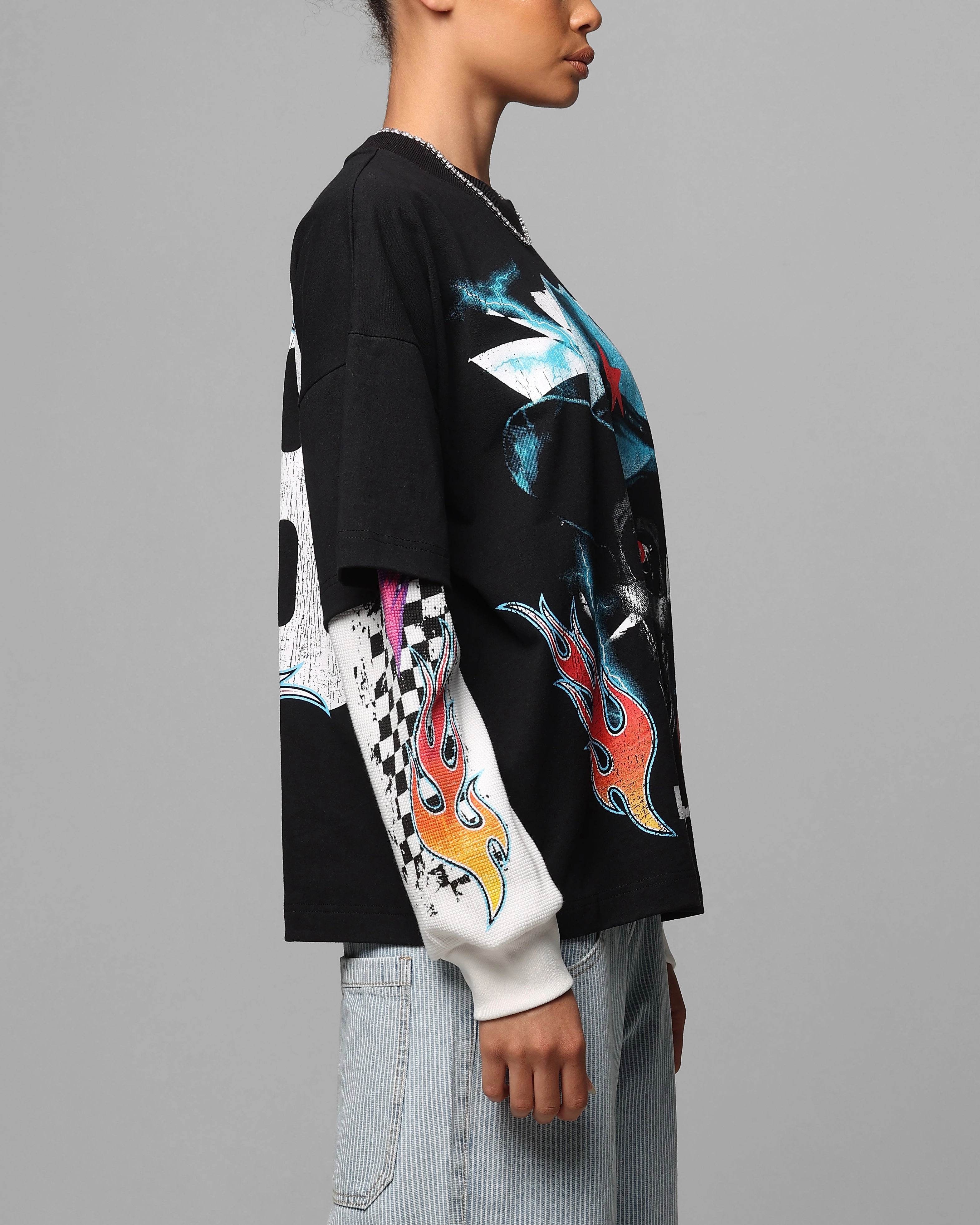 Timeless Look Wear Regular Fit Loiter Daytona Layered Long Sleeve T-Shirt Black/White