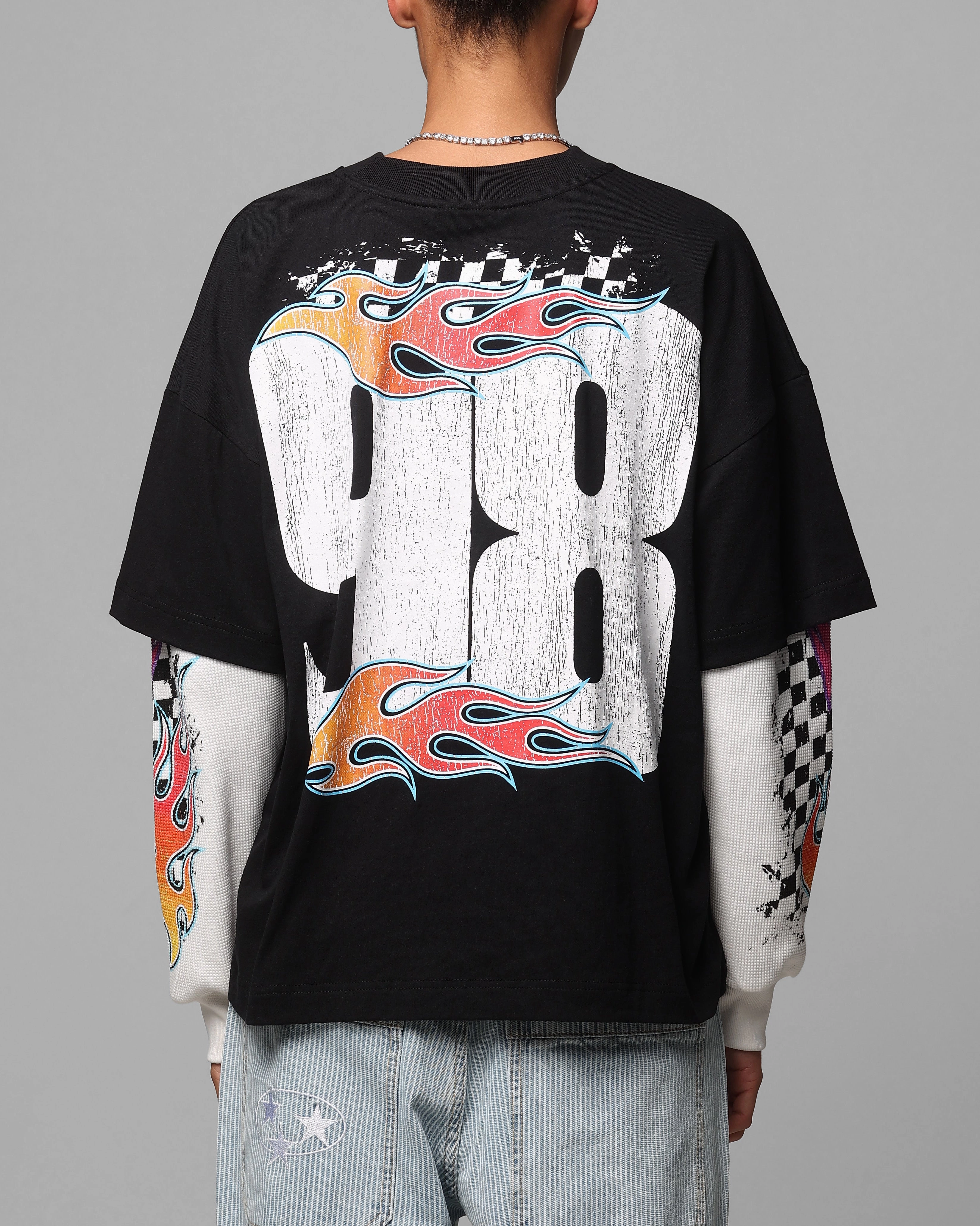 RibbedNeckBanding anniversary Loiter Daytona Layered Long Sleeve T-Shirt Black/White