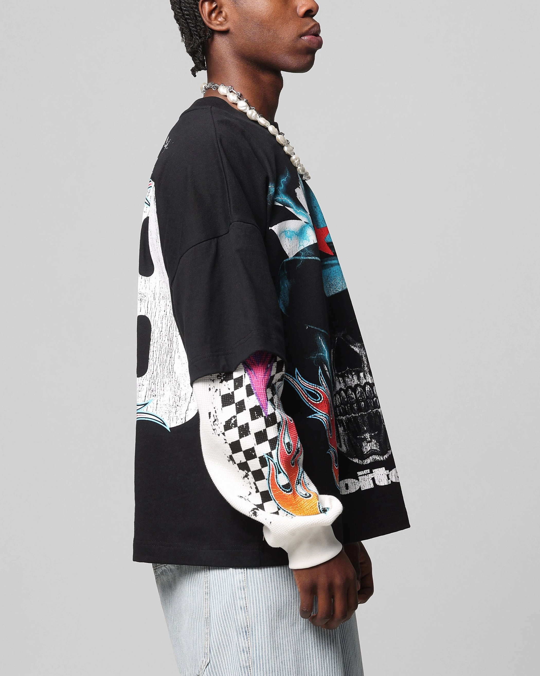 OversizedSilhouette Loiter Daytona Layered Long Sleeve T-Shirt Black/White