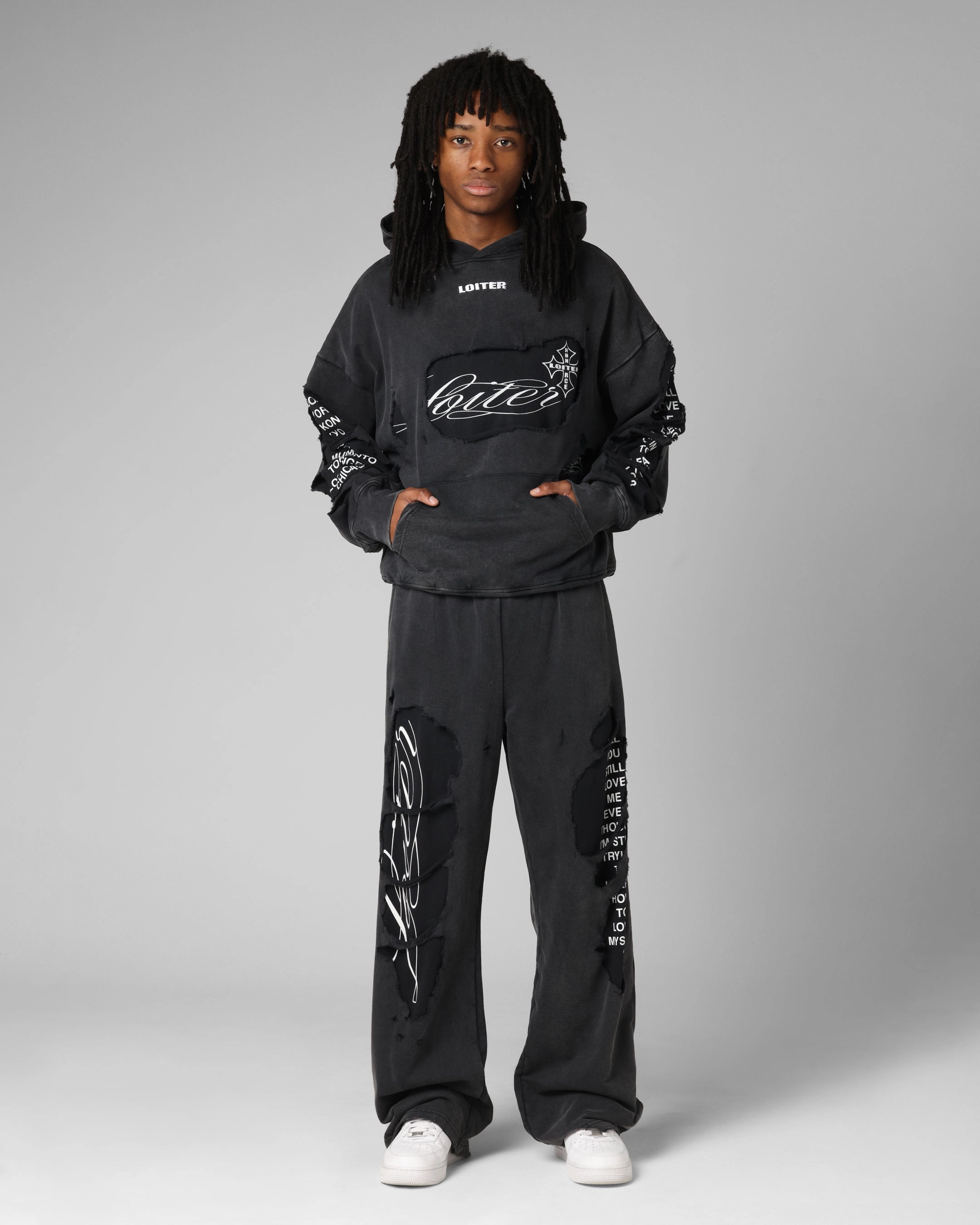 Loiter Destruction Hoodie Black Full Length Front Zipper Multi Pocket Design