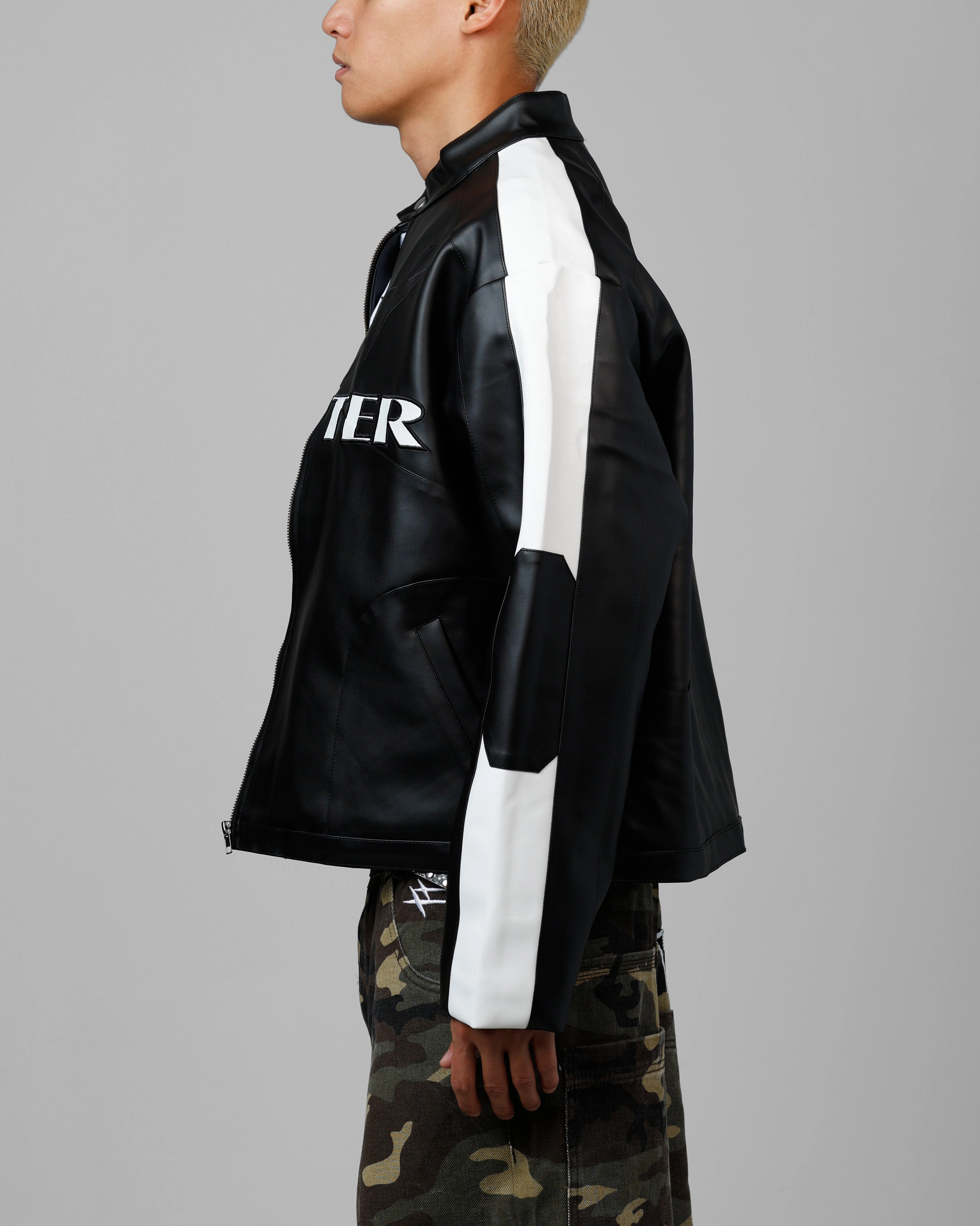 high-end pattern - mixing Loiter Engine Vegan Leather Jacket Black