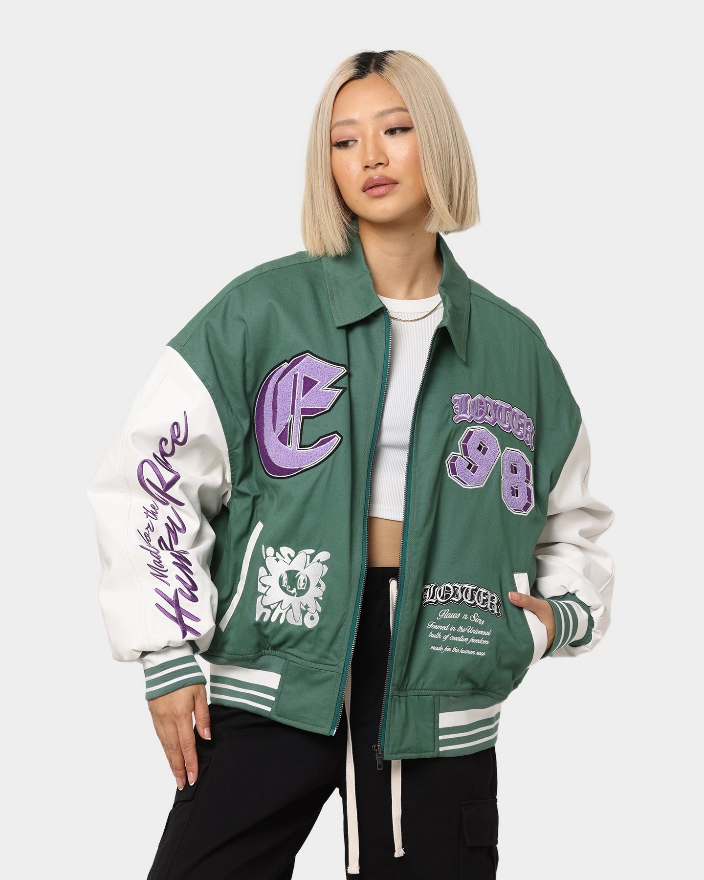 Soft Touch Loiter Ethereal Varsity Jacket Green