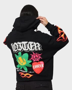 Double Layered Hood Loiter Euphoric Hoodie Black