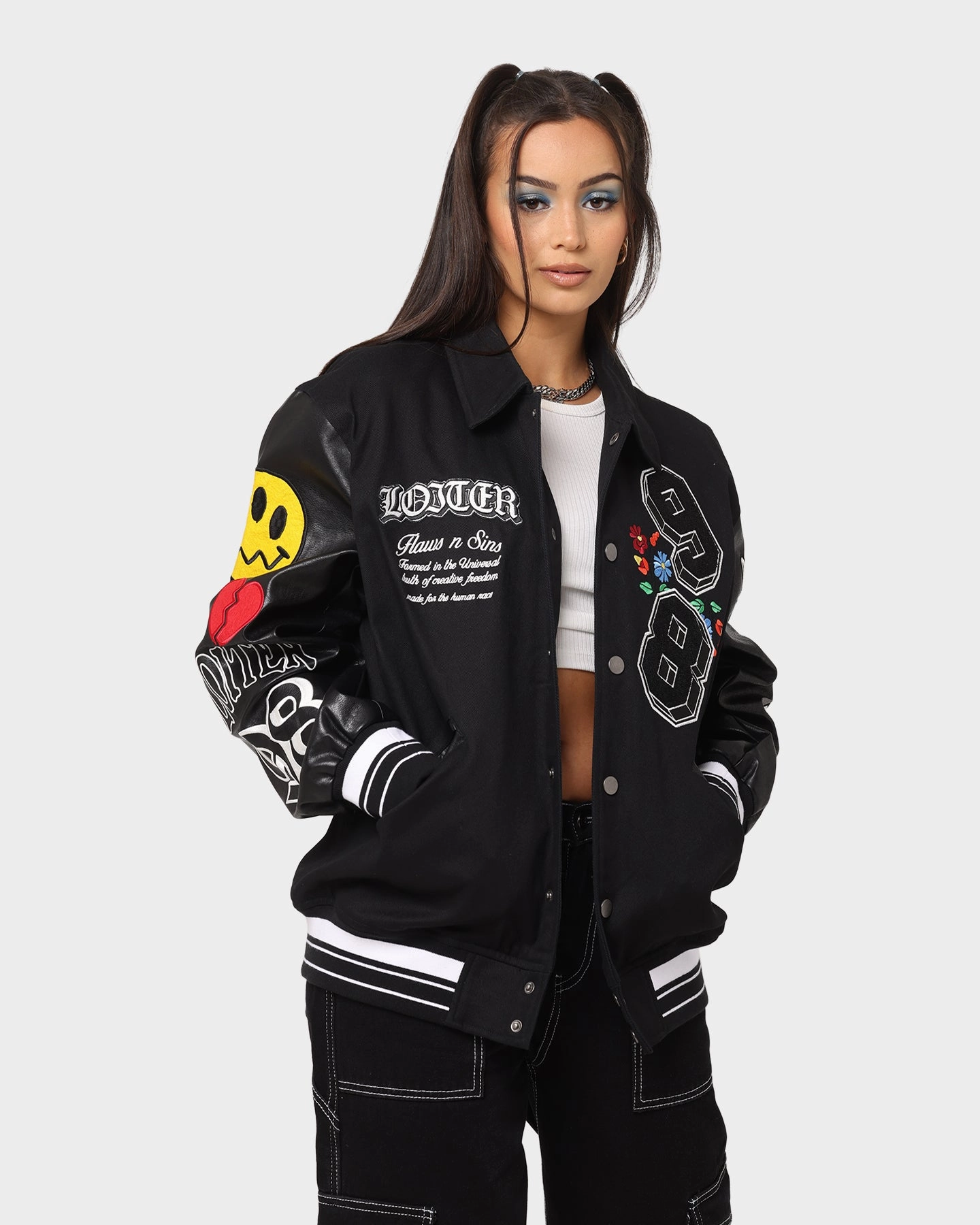 Quilted Inner Layer Durable Stitching Loiter Flaws Varsity Jacket Black