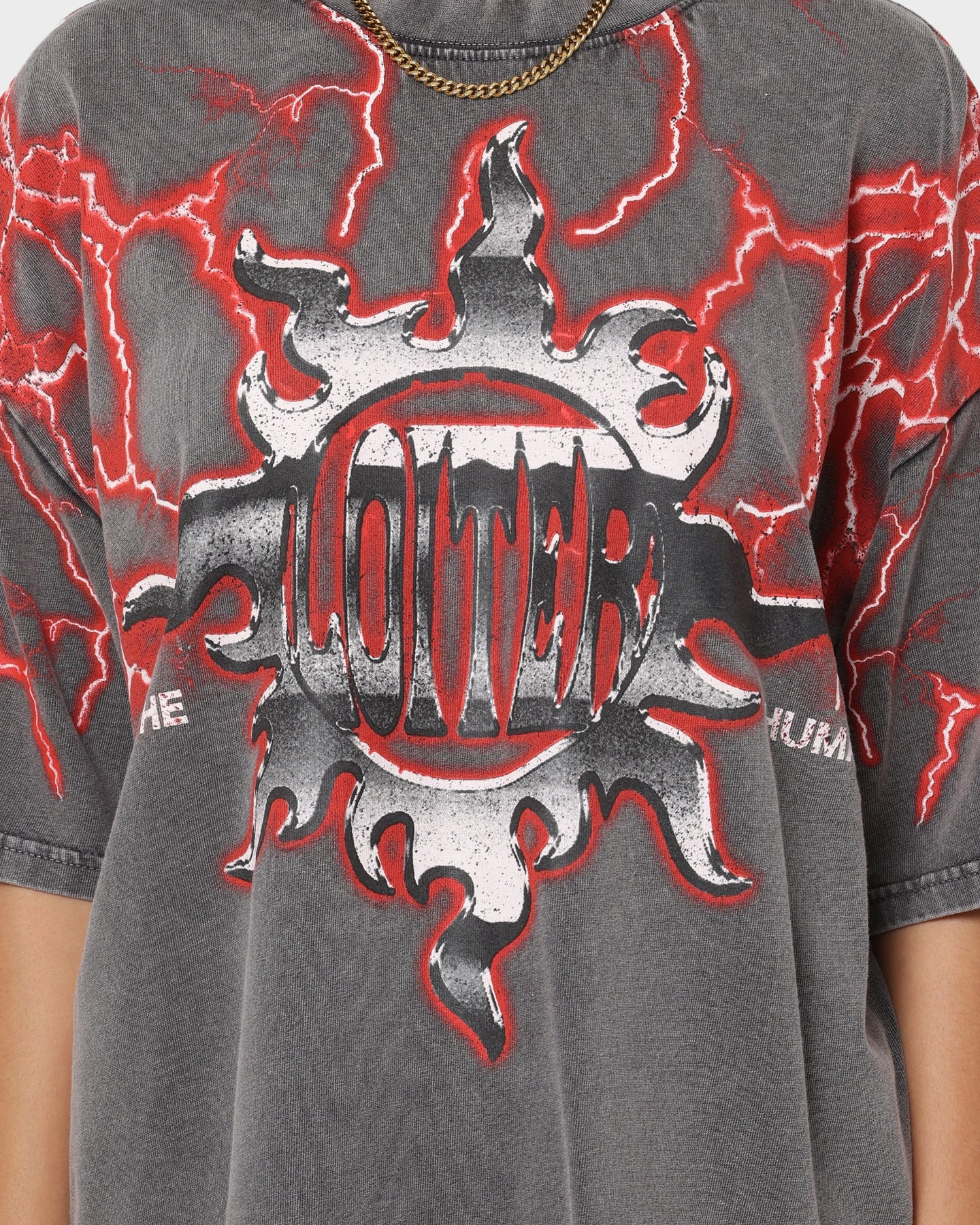 Loiter Lightning Motor Vintage T-Shirt Charcoal/Red Easy Wear Casual Layer Wear