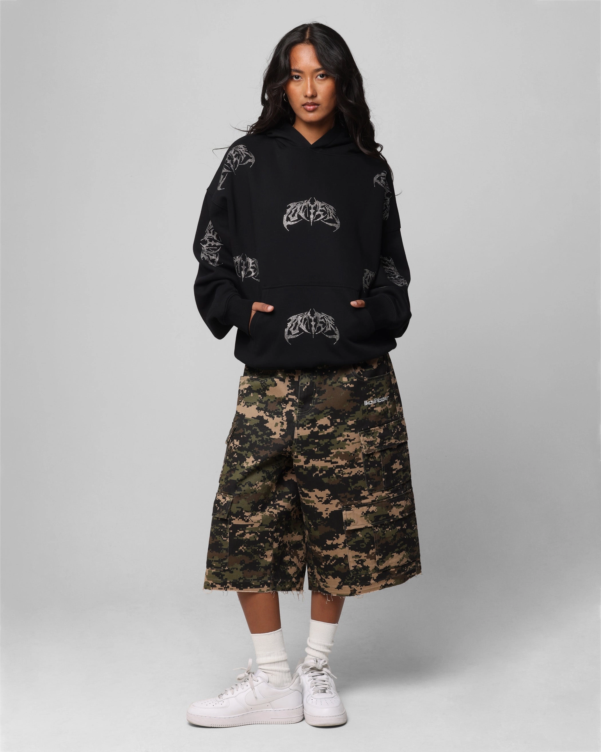 Bonded Shoulder Guards Loiter Metal Rhinestone Hoodie Black