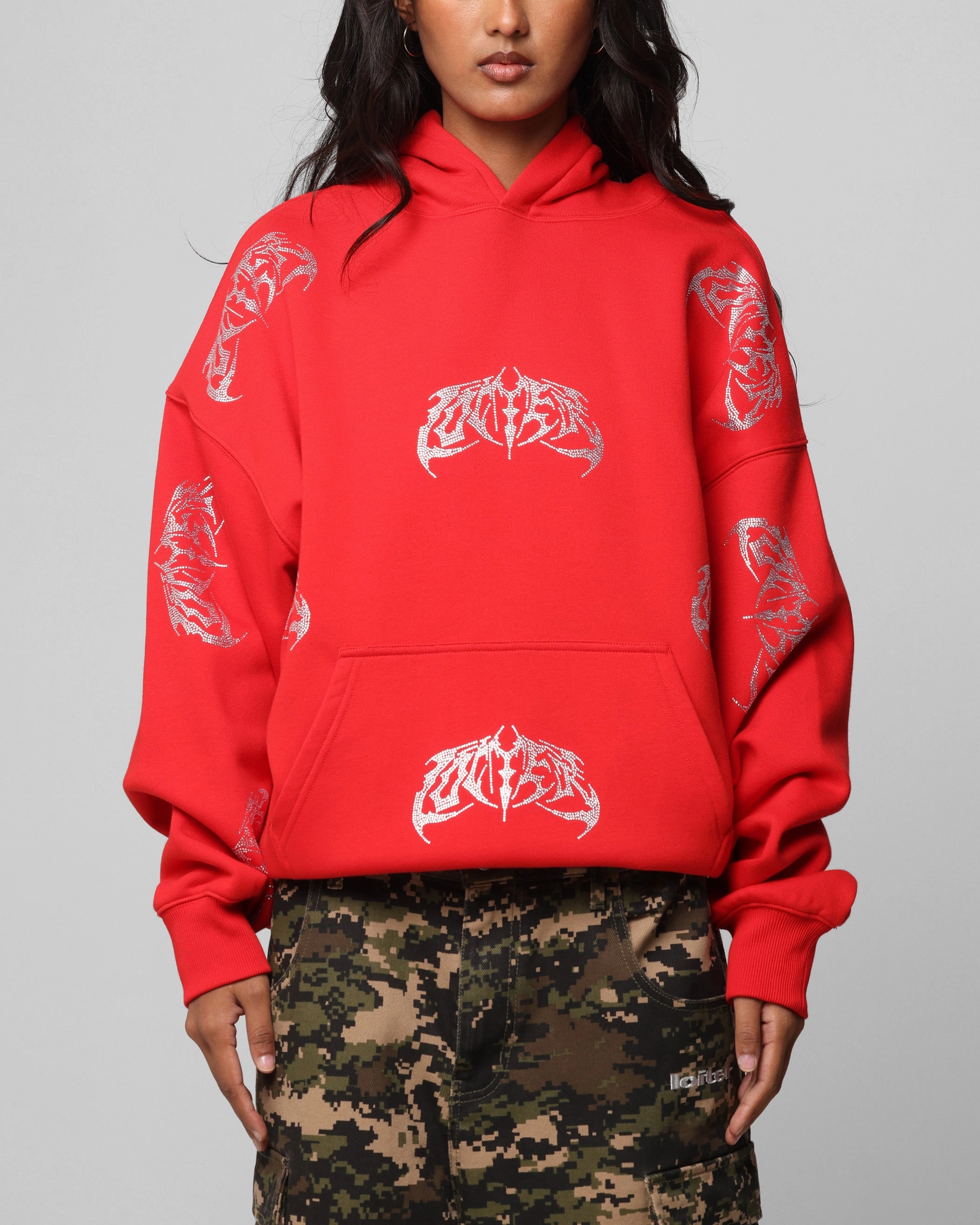 Loiter Metal Rhinestone Hoodie Red Polar bear like Chic Street
