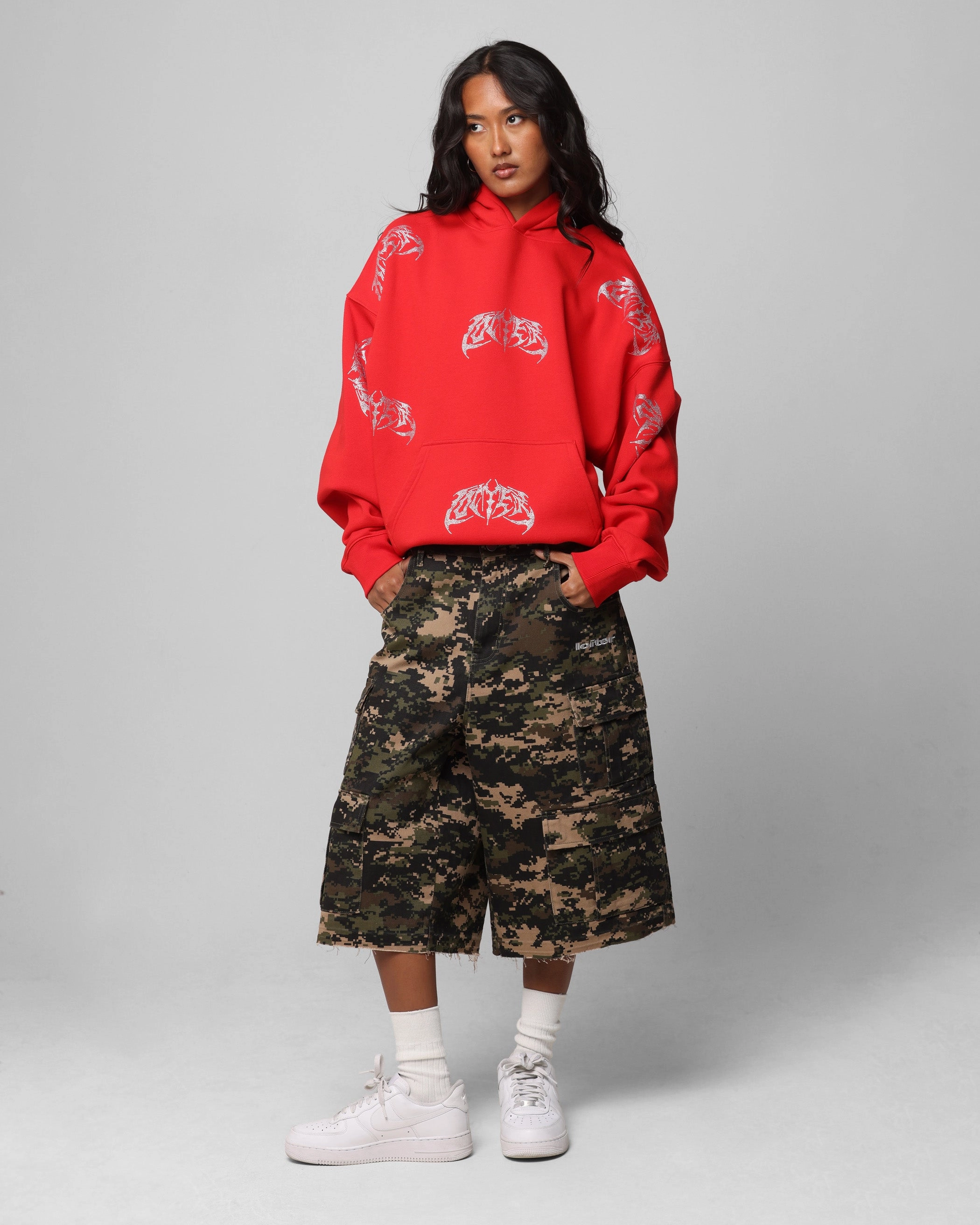 Loiter Metal Rhinestone Hoodie Red Mesh Lined Hood City Energy