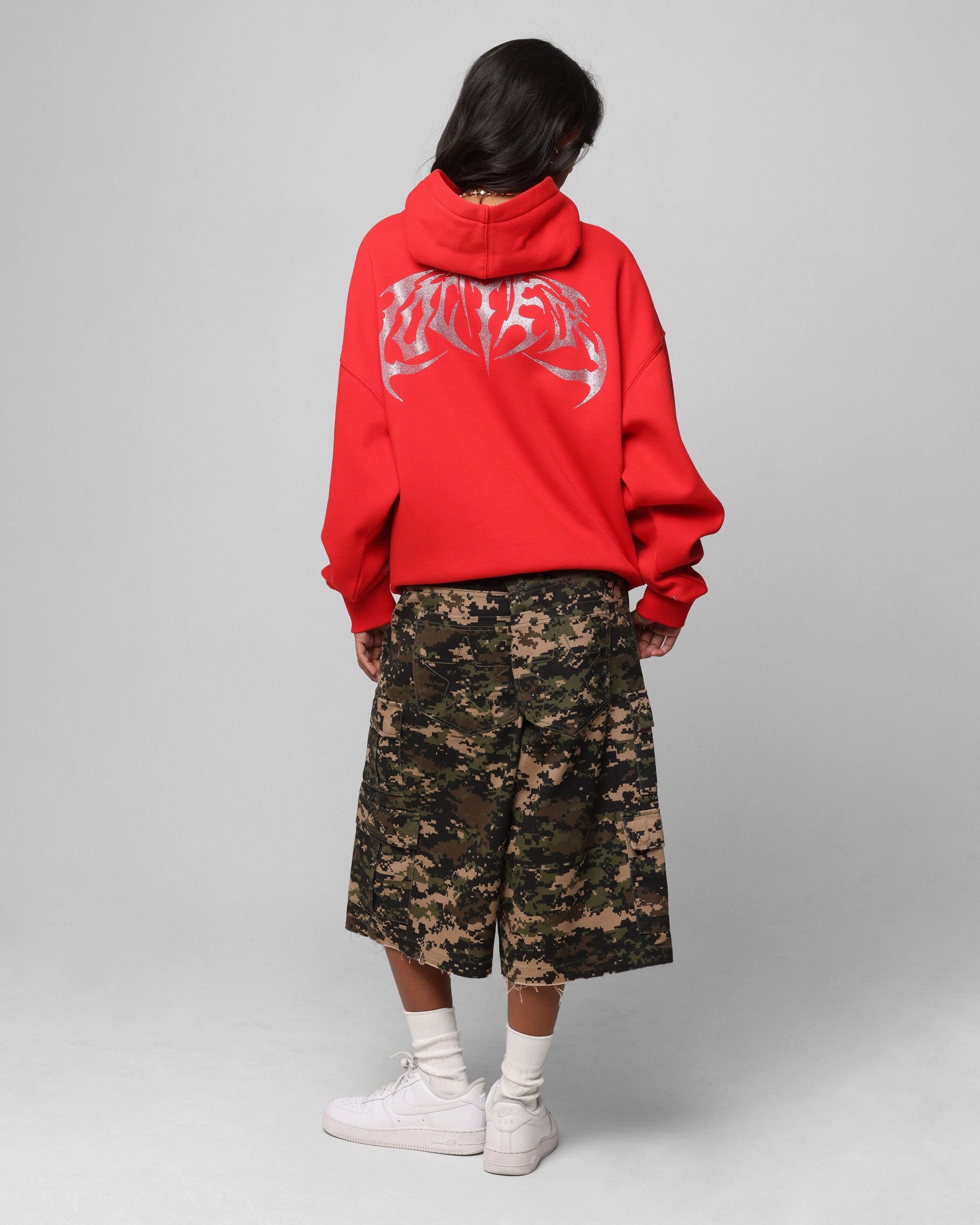 Quick Dry Technology Ergonomic Tailoring Loiter Metal Rhinestone Hoodie Red