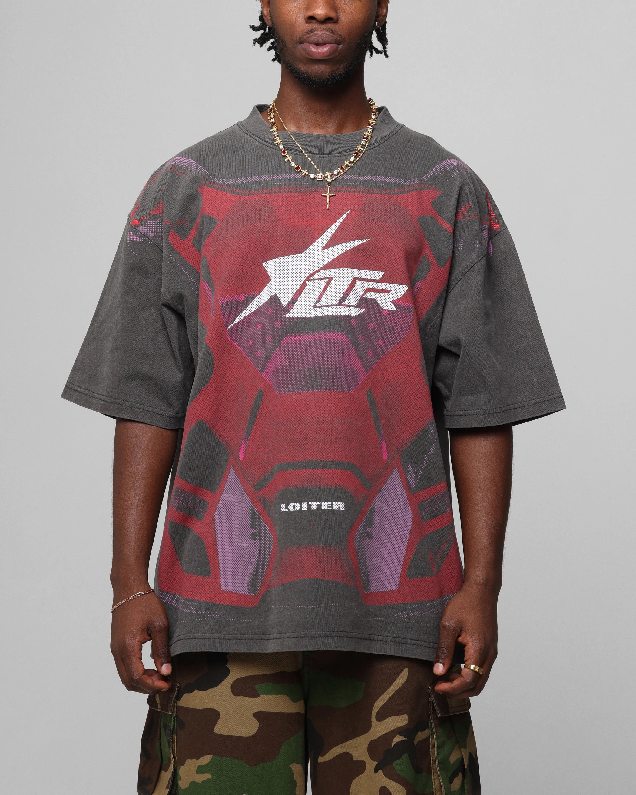 LayeredHemDetails Loiter Motocross Vintage T-Shirt Charcoal/Red