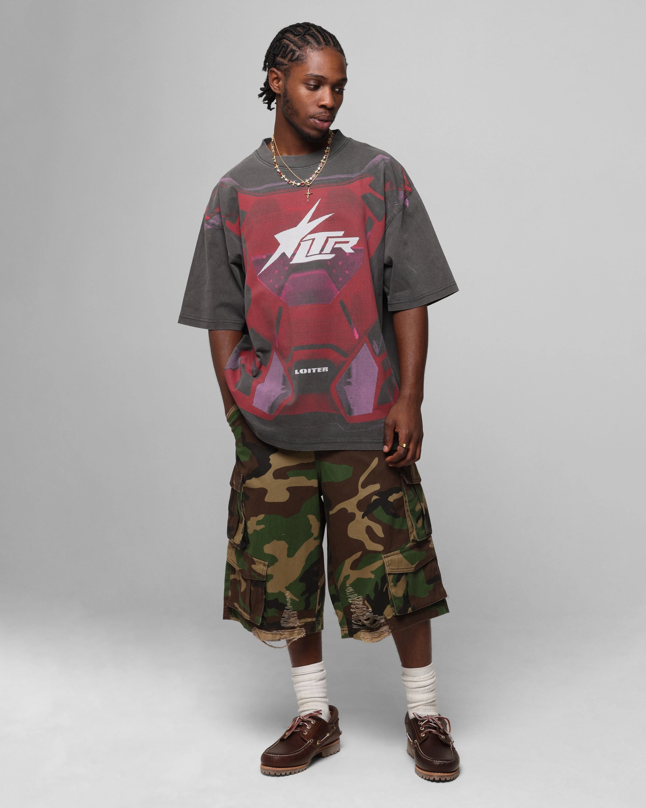 Stylish Comfort Loiter Motocross Vintage T-Shirt Charcoal/Red