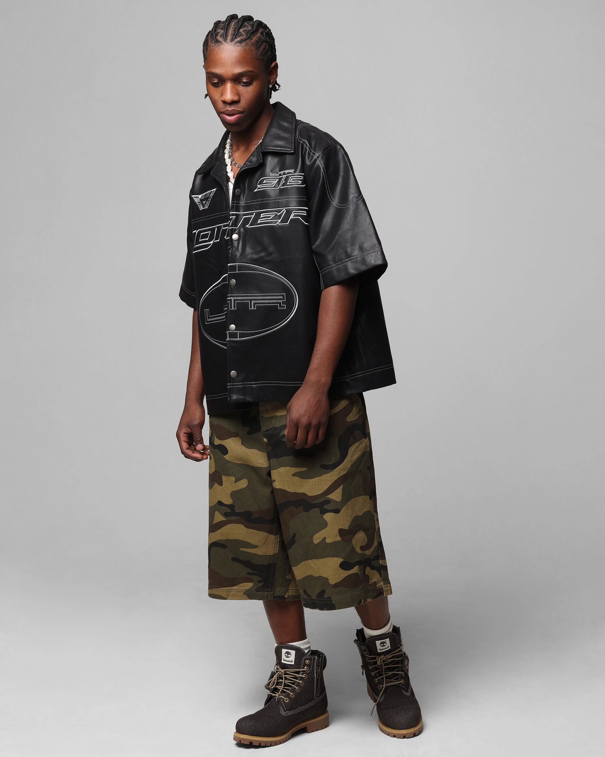 Recycled Polyester Blend Subtle Details Loiter Motor PU Leather Button Up Shirt Black