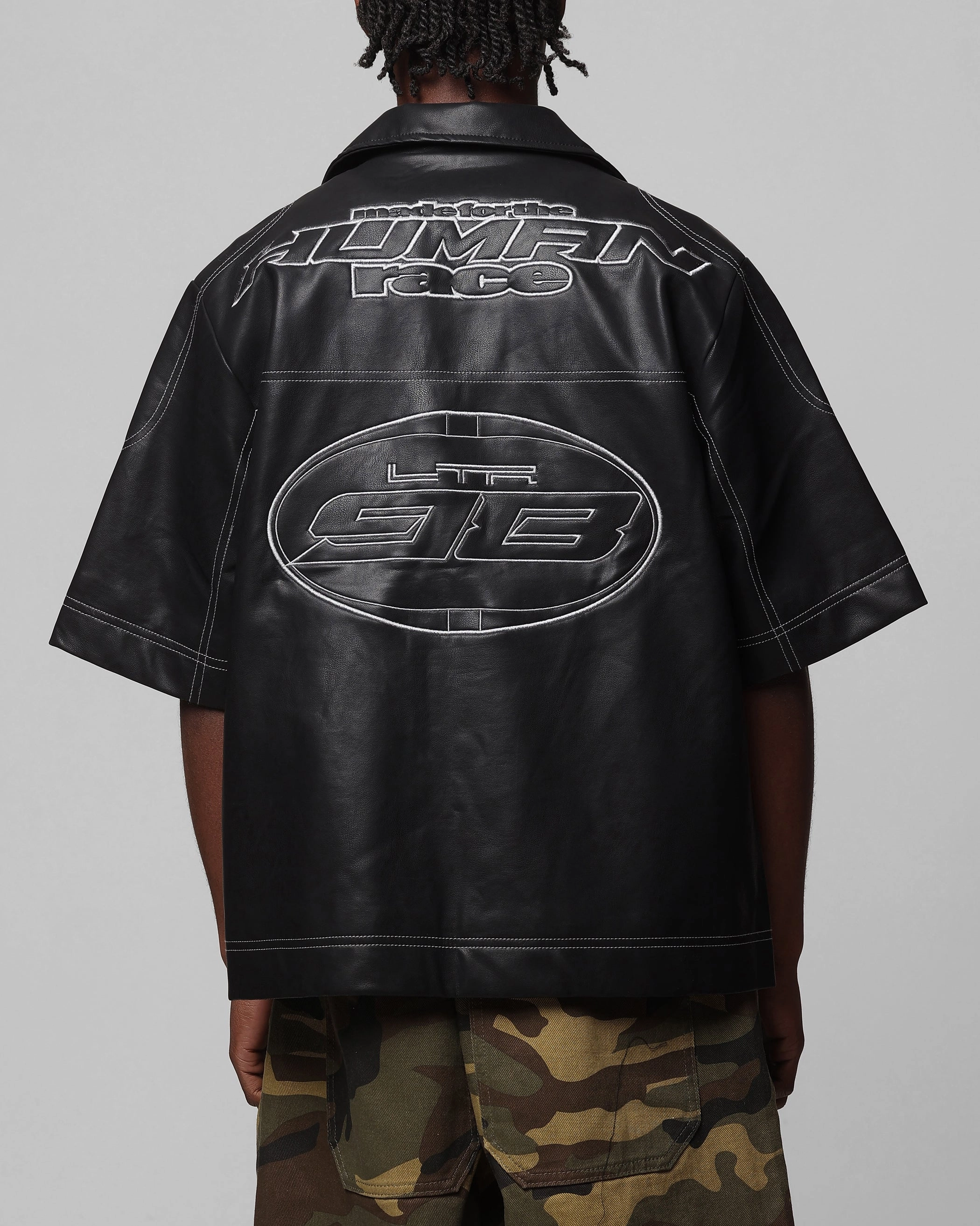 Lightweight Layers Graduation Ceremony Loiter Motor PU Leather Button Up Shirt Black