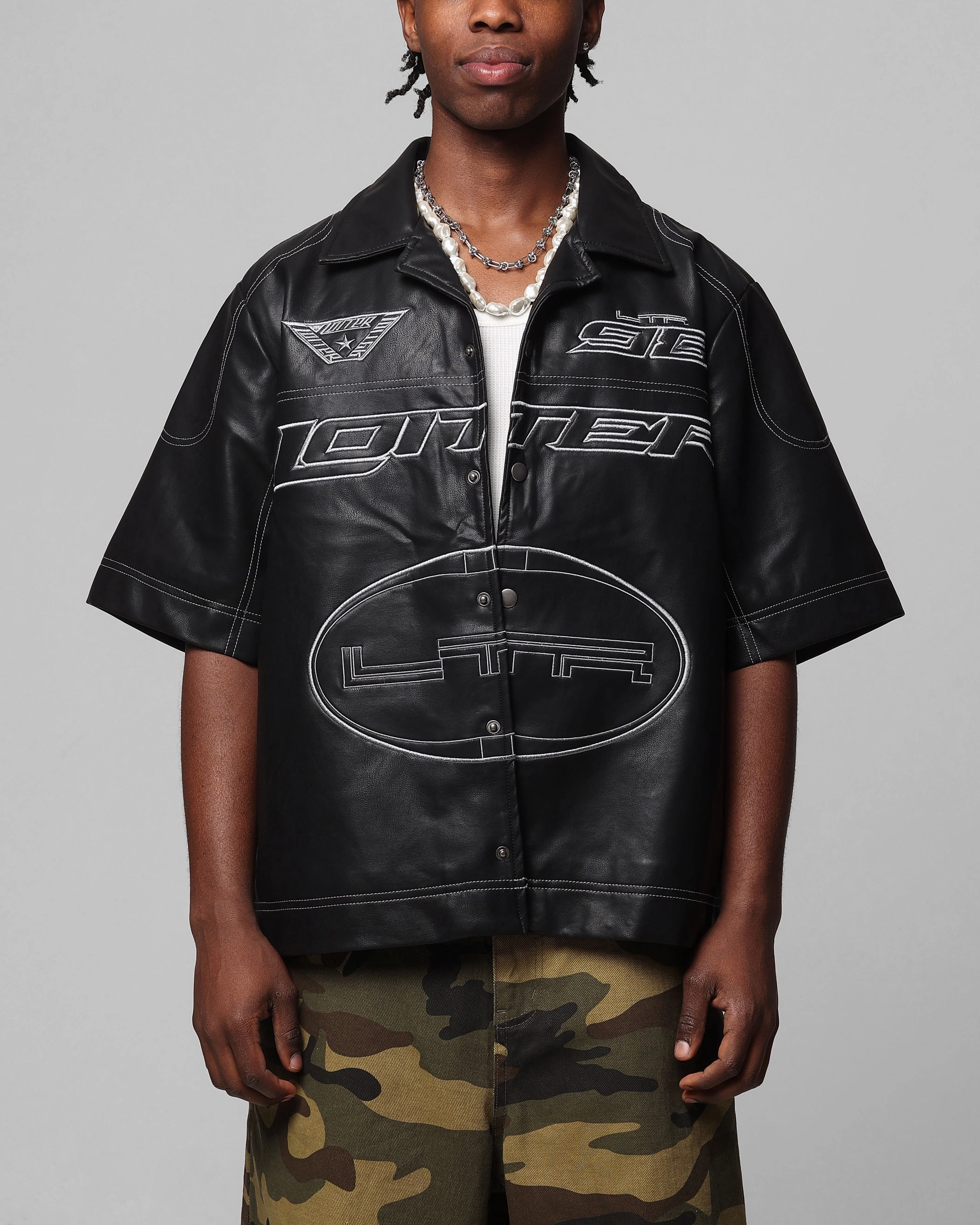 No Chafe Edging garden party Loiter Motor PU Leather Button Up Shirt Black