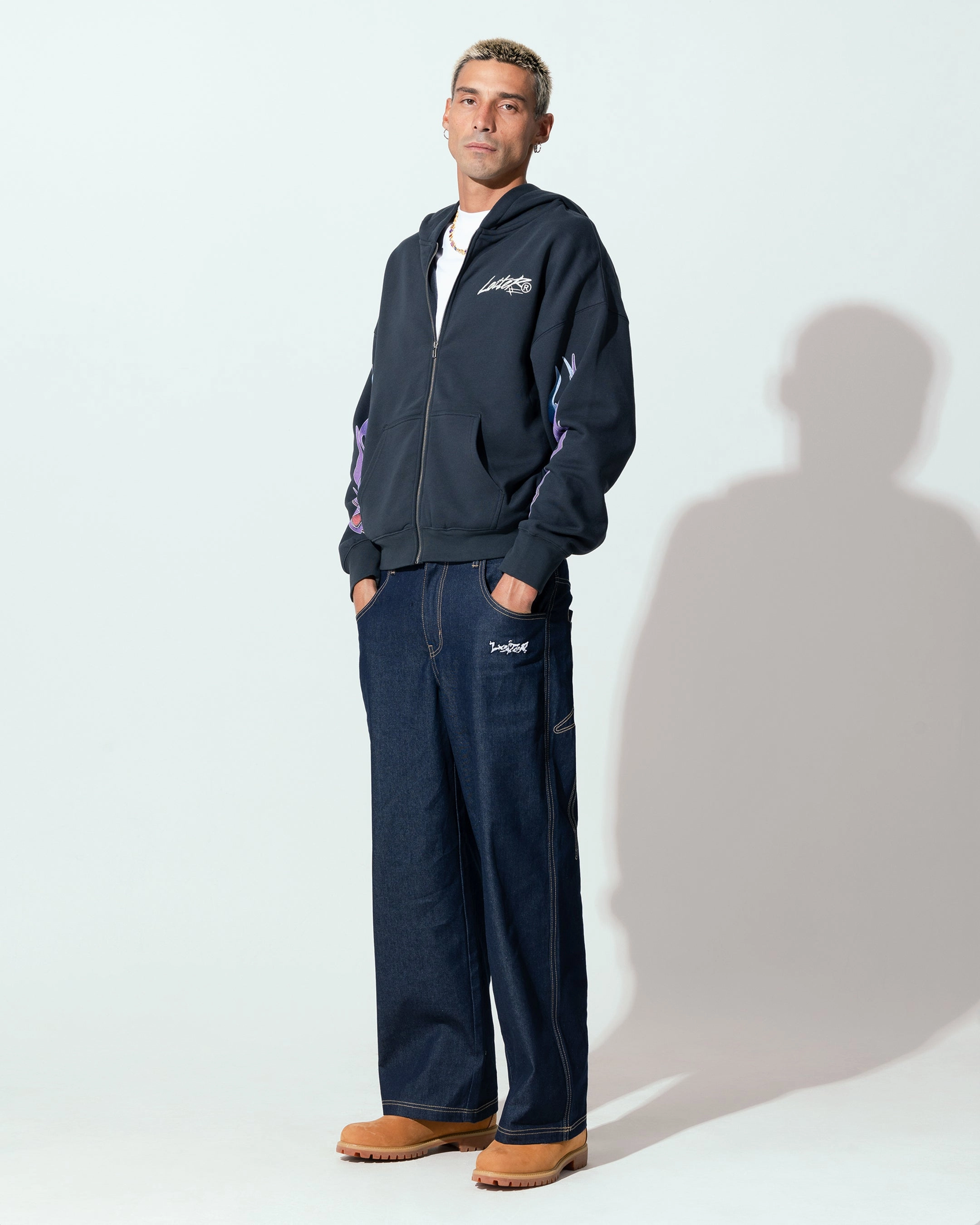 Loiter Motor Zip Hoodie Charcoal Defend hip length