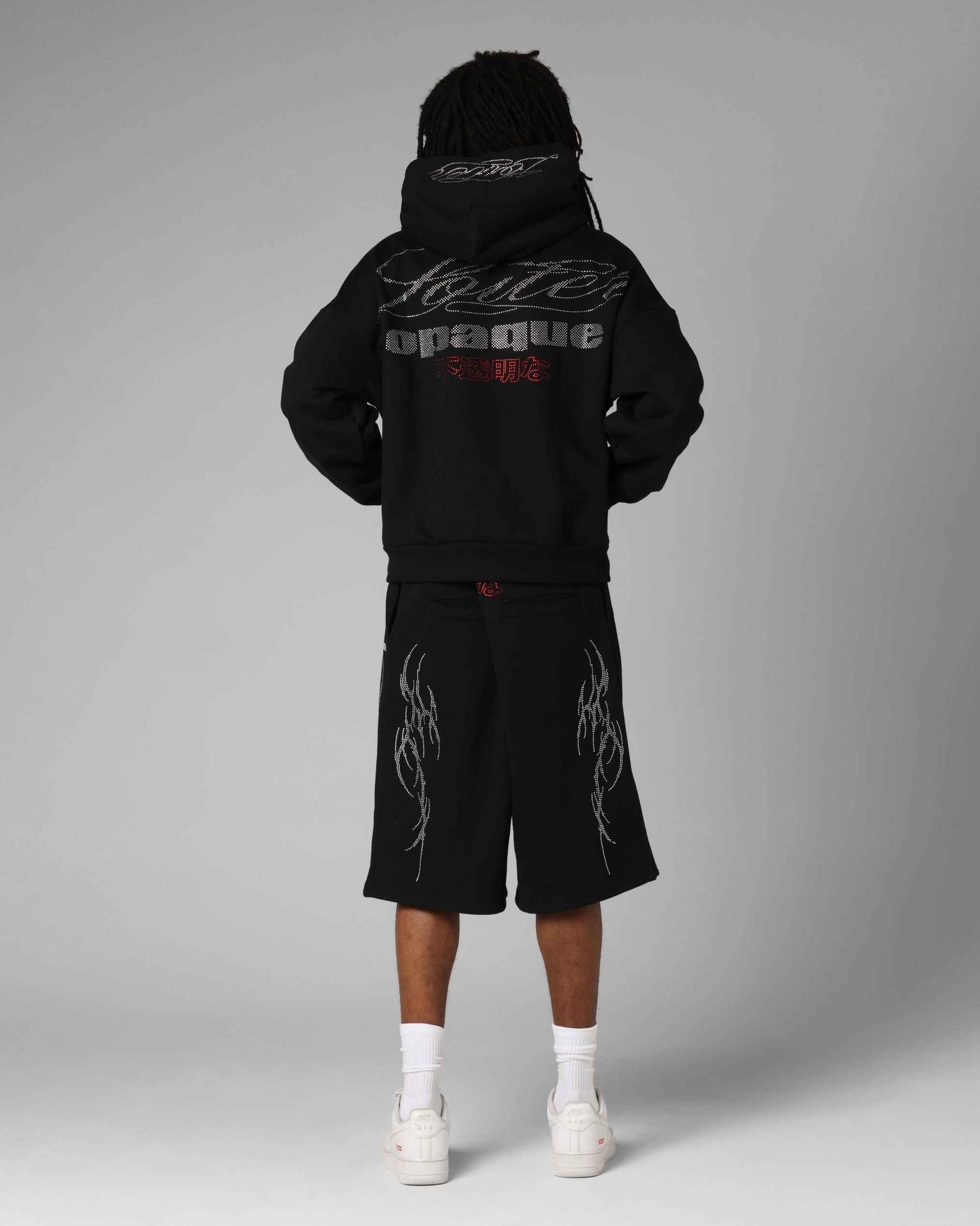 Anti Slip Collar Loiter Opaque Rhinestone Premium Hoodie Black