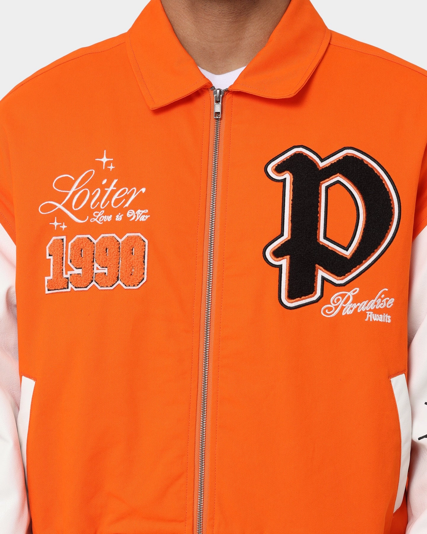 Travel Essential beach bonfire Loiter Paradise Varsity Jacket Orange