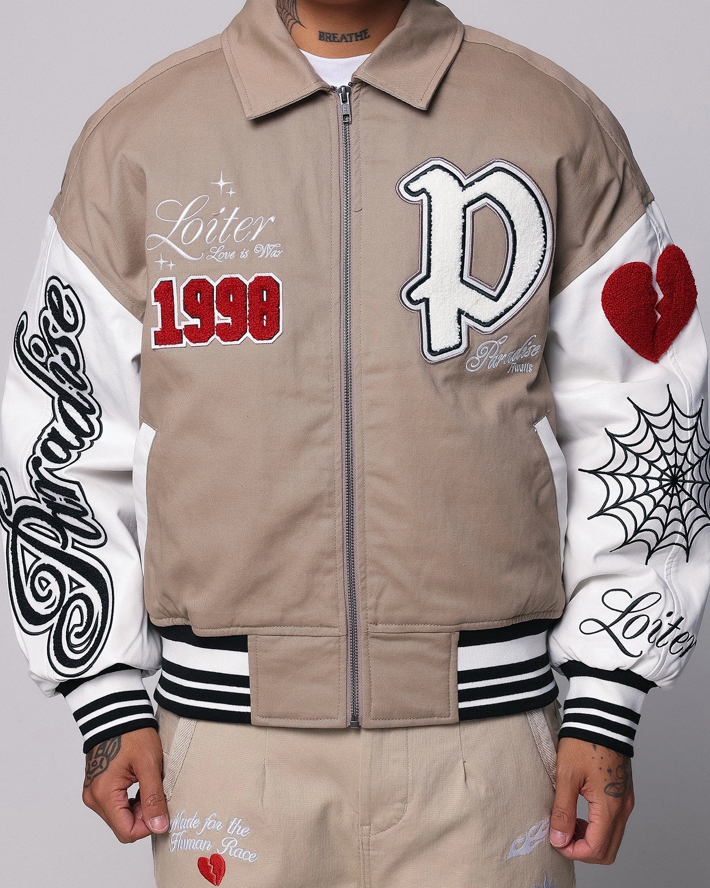 Loiter Paradise Varsity Jacket Tan Stylish