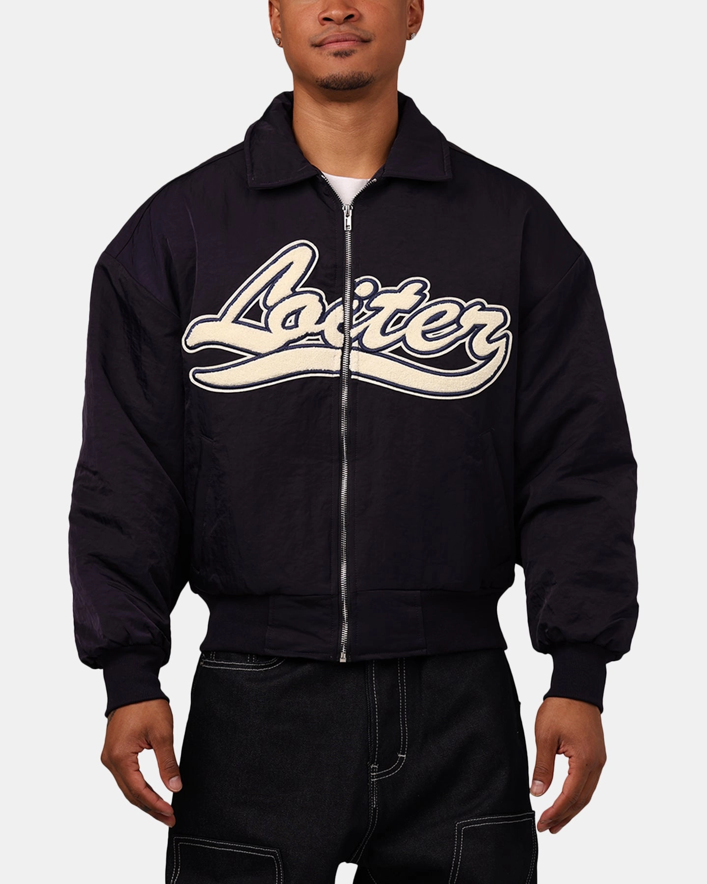 Easy Zip Loiter Pitch Varsity Jacket Navy