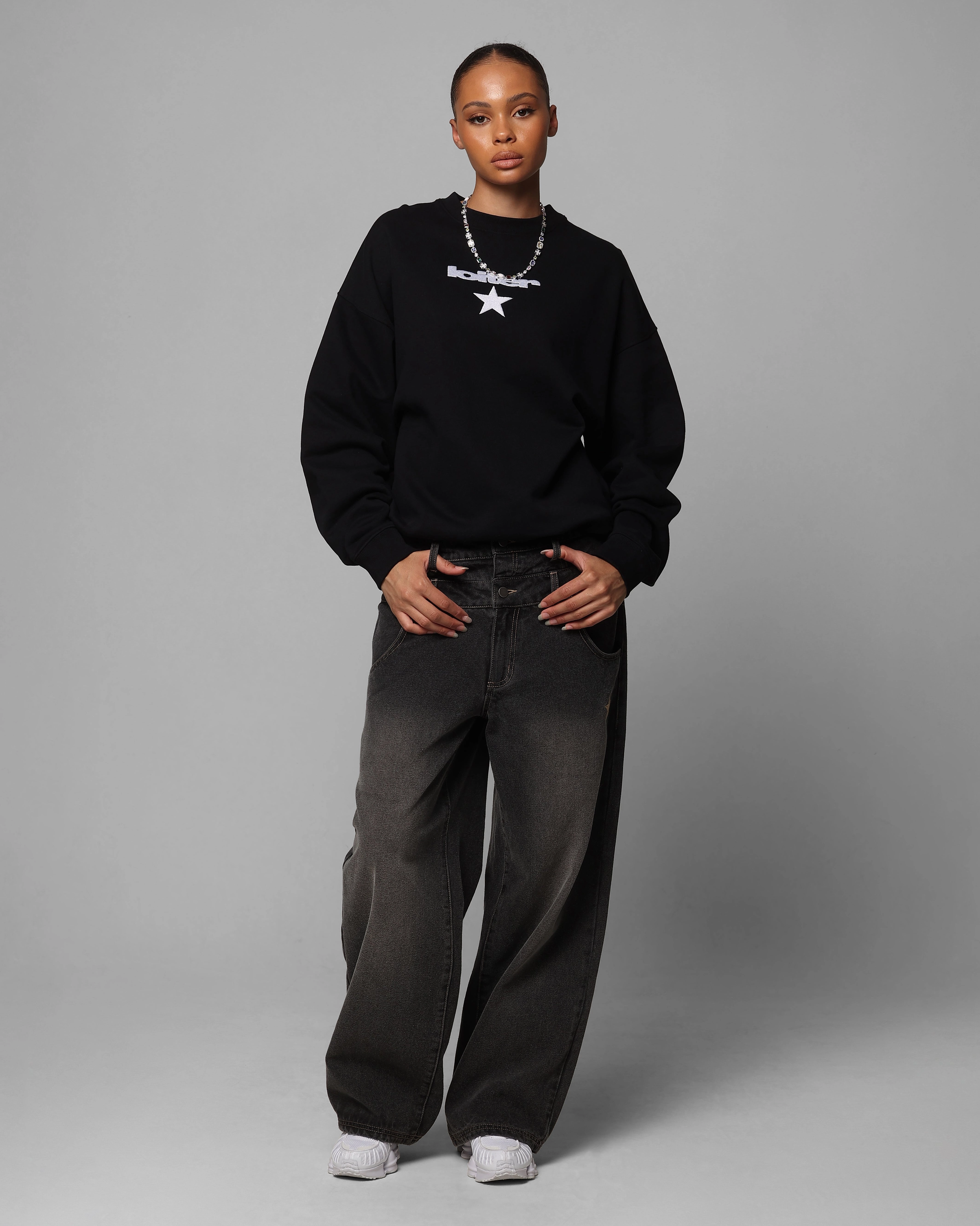 Snuggle Ready Knit Look Loiter Premium Essentials Crewneck Black