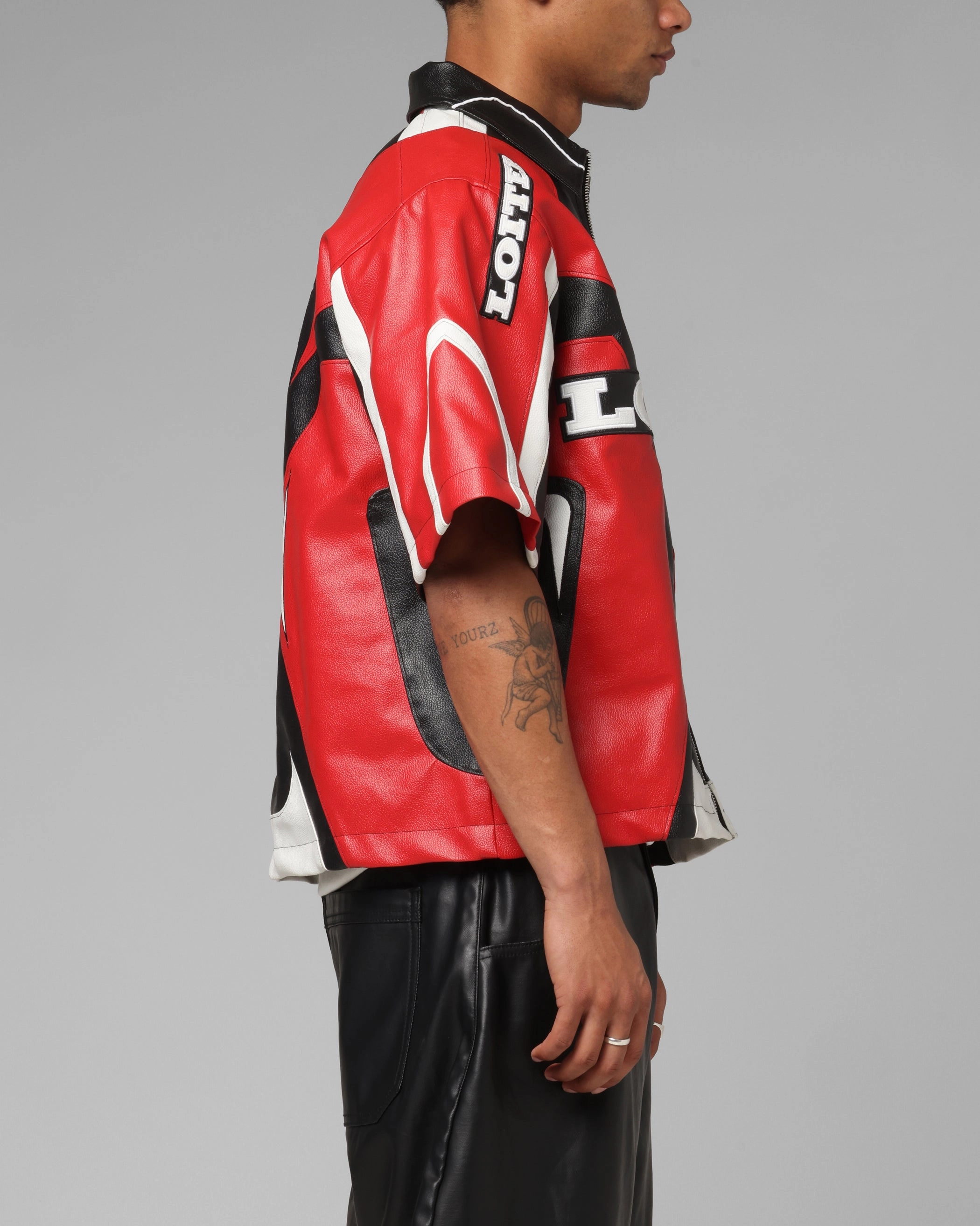 Hooded Neckline Loiter Racer Vegan Leather Shirt Red/Black