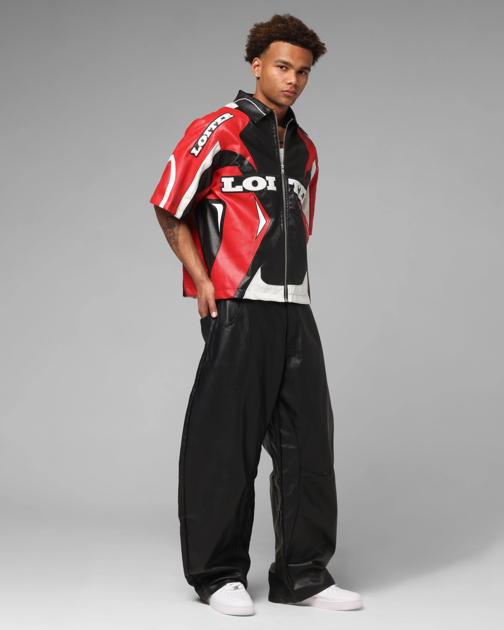 Lightweight texture Loiter Racer Vegan Leather Shirt Red/Black