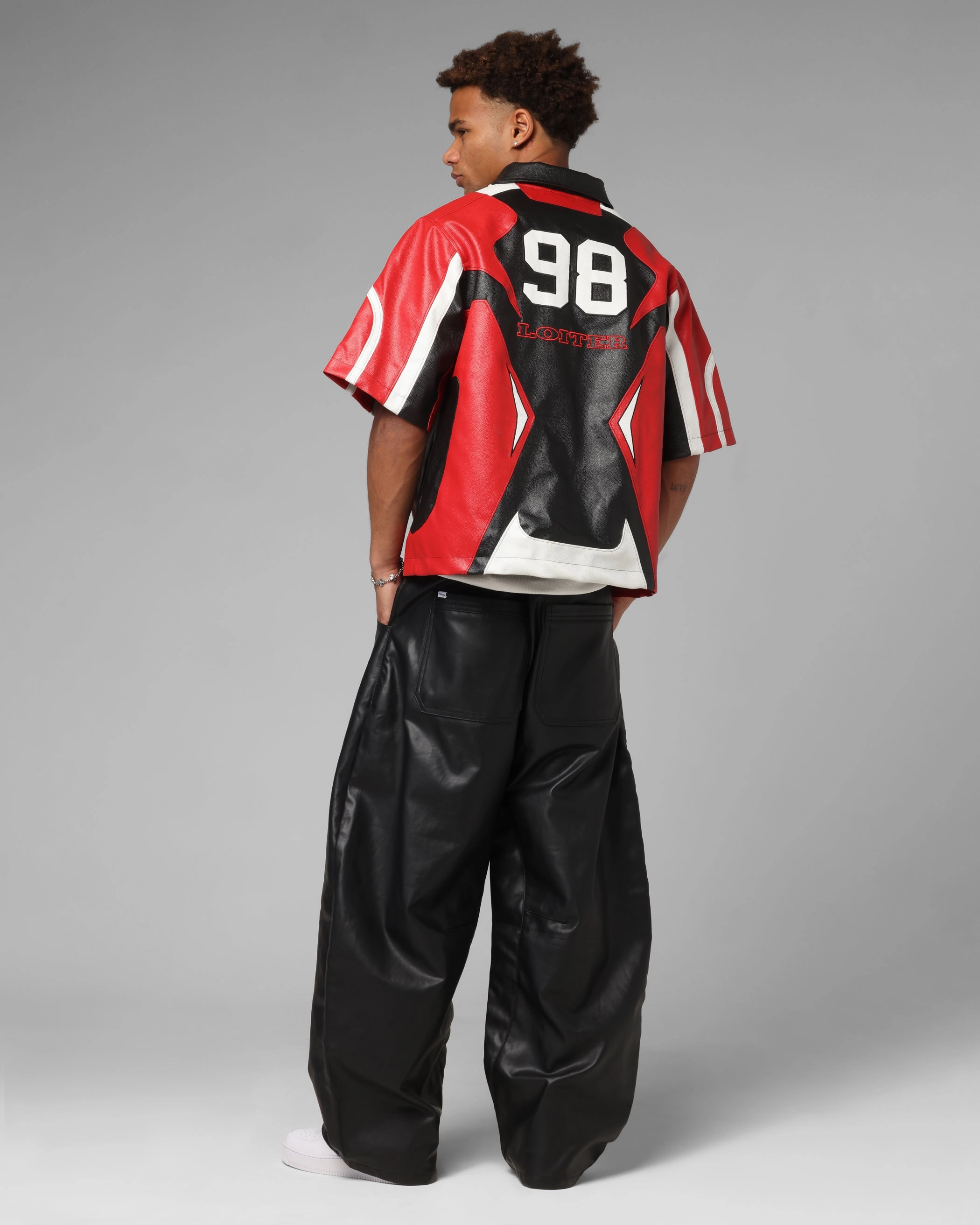 hypoallergenic Moisture wicking Loiter Racer Vegan Leather Shirt Red/Black