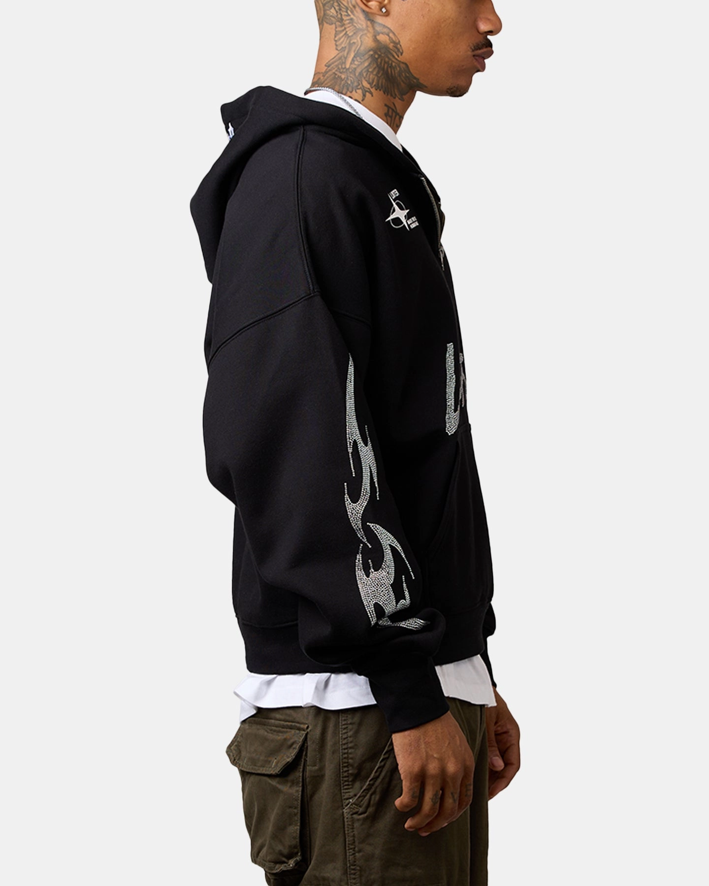 Loiter Rave Rhinestone Hoodie Black polka dot style Lace trim