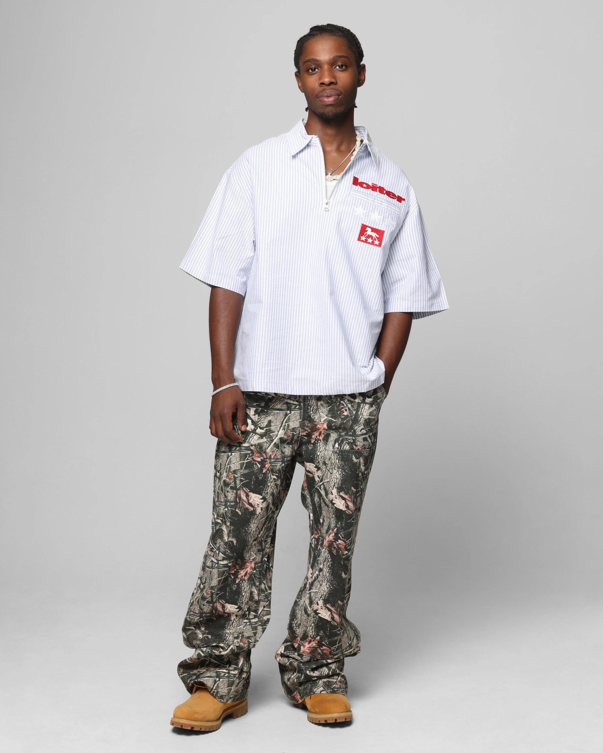 Loiter Rodeo Quarter Zip Up Shirt Blue Pin Stripe Casual Comfort