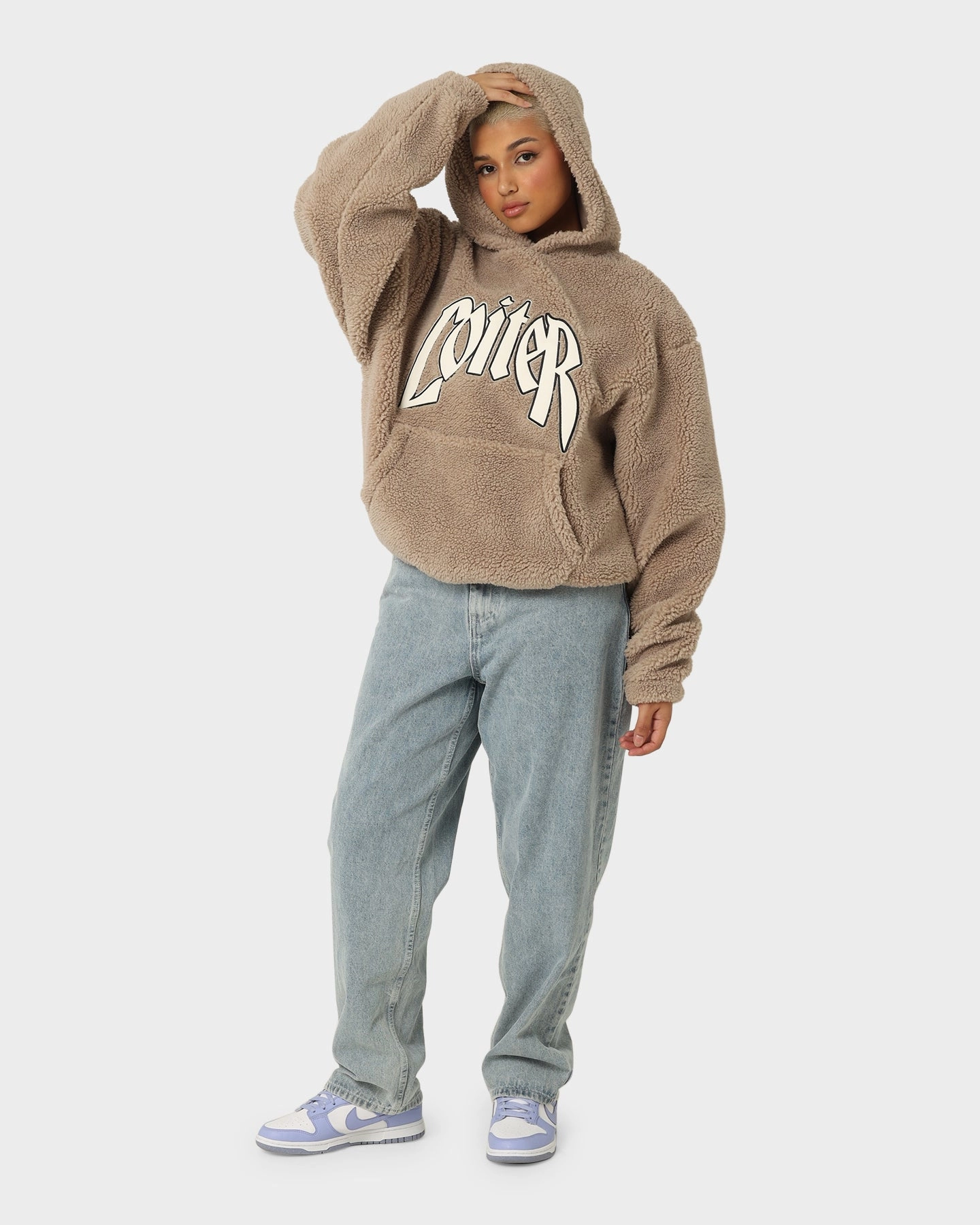 petite size Convertible Design Loiter Sherpa Hoodie Tan