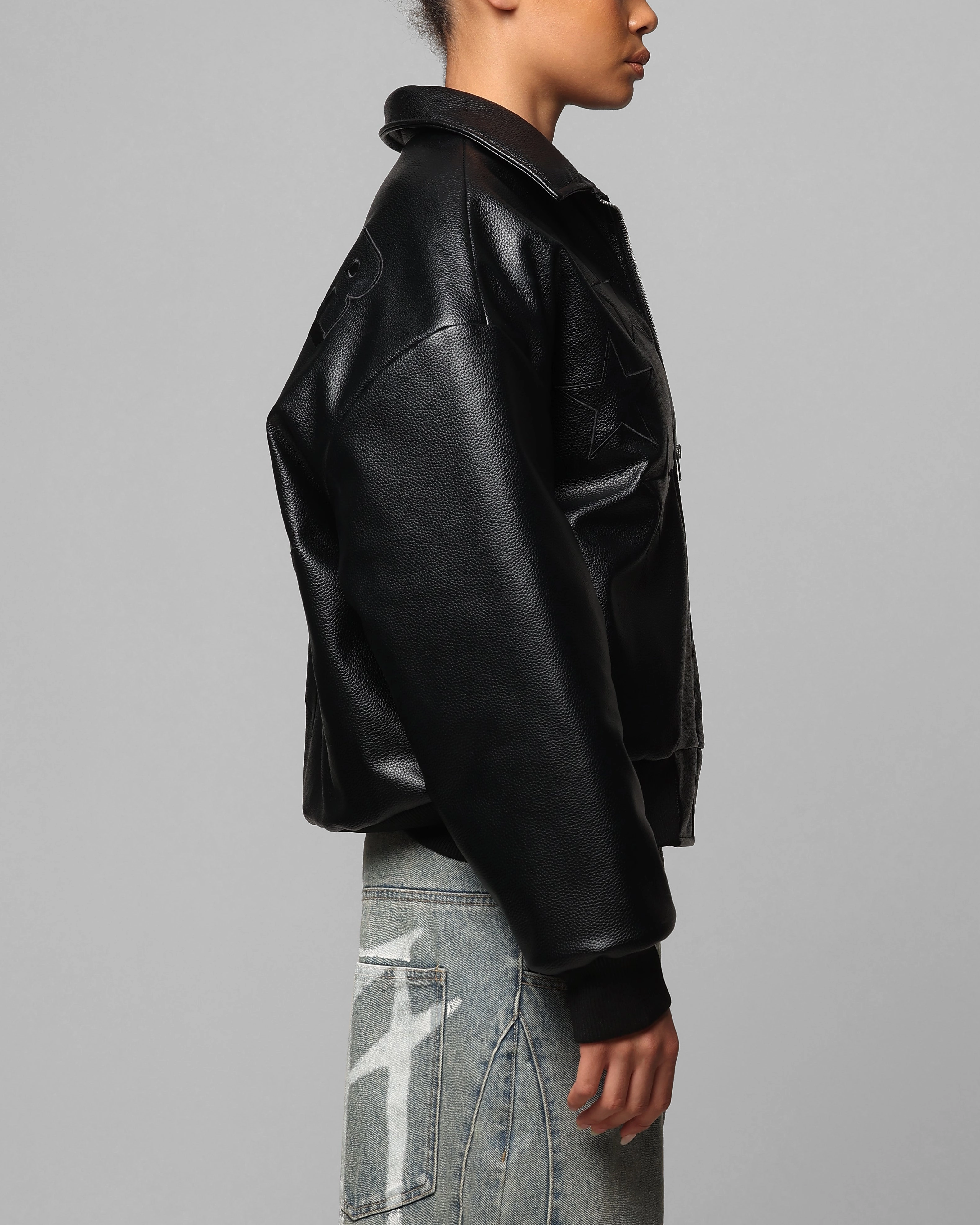 Loiter Solar Vegan Leather Varsity Jacket Black activity doctors